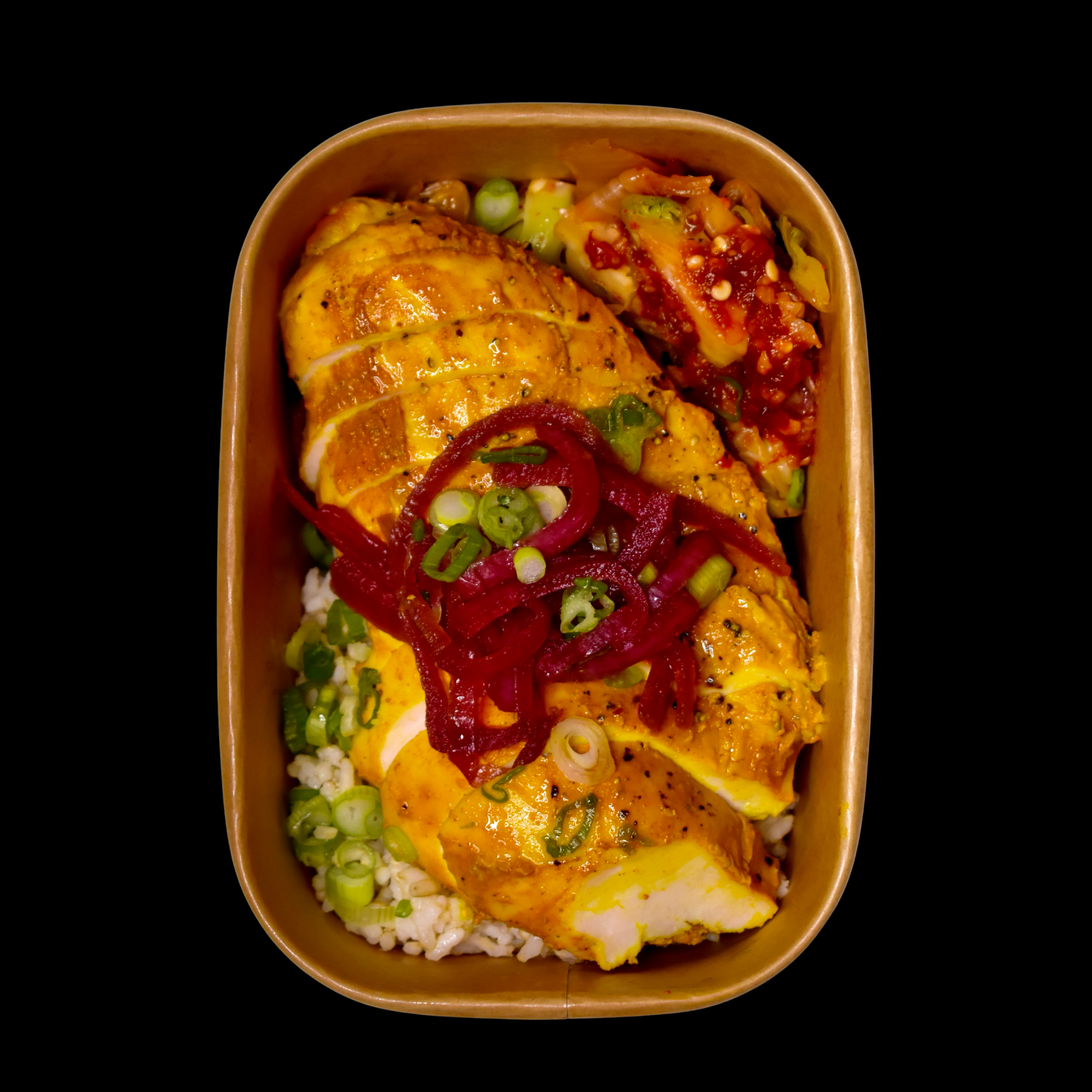 Yogurt Marinated Chicken, Brown Basmati Rice, Kimchi Brussels Sprouts