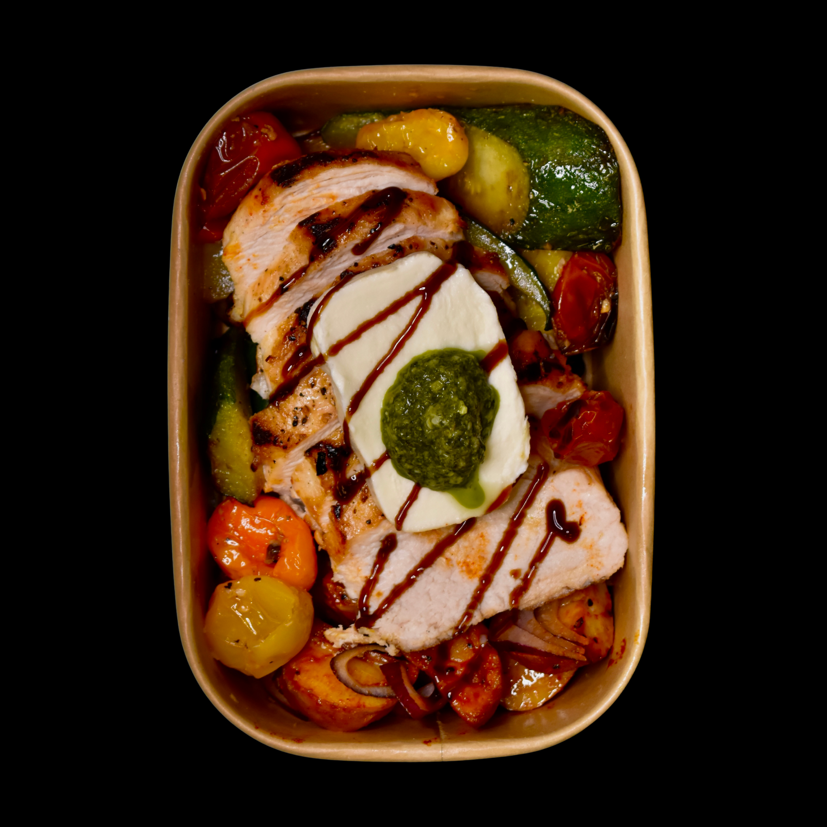 Caprese Chicken, Roasted Potatoes, Squash, & Tomatoes