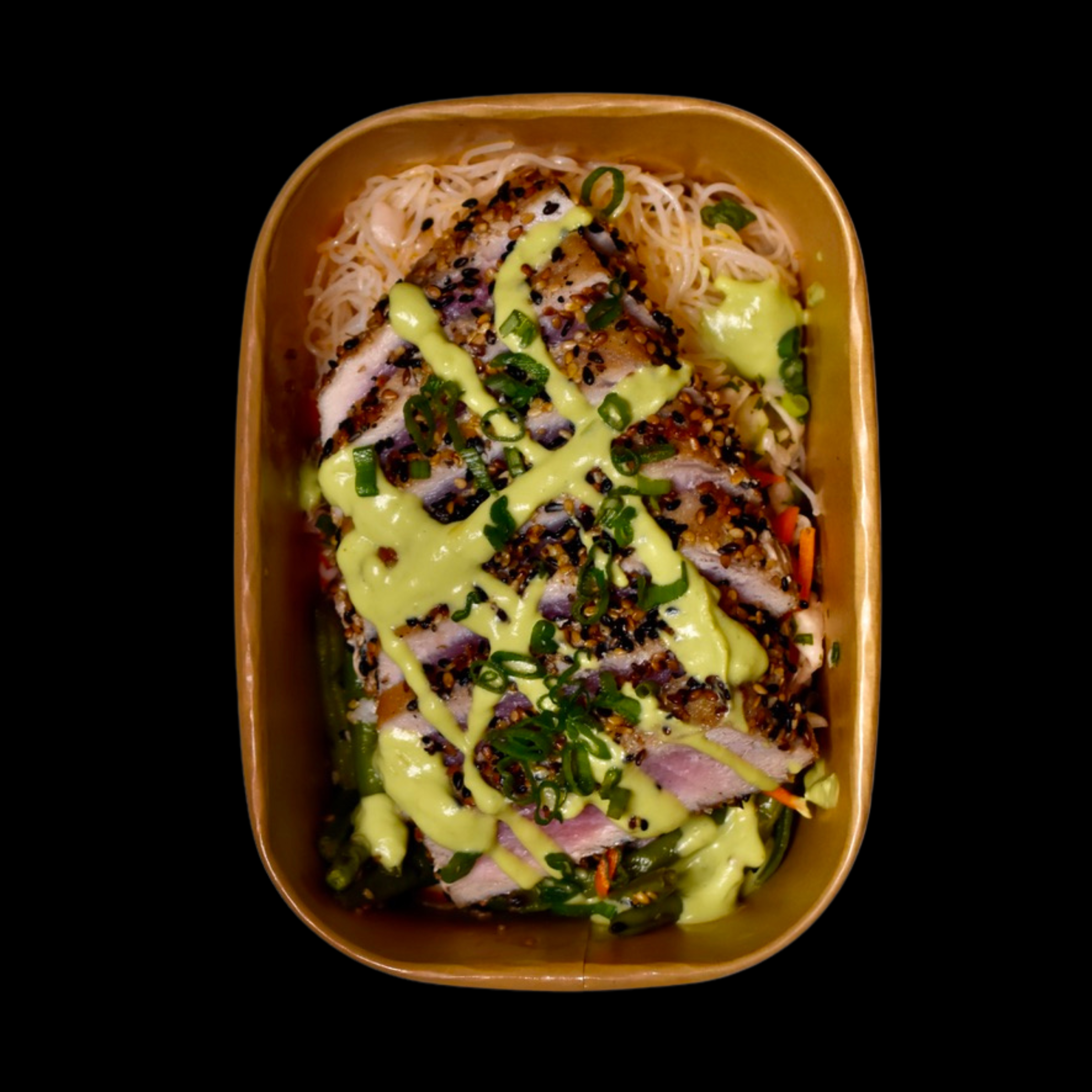 Sesame Crusted Tuna, Chili Rice Noodles, Sesame Green Beans