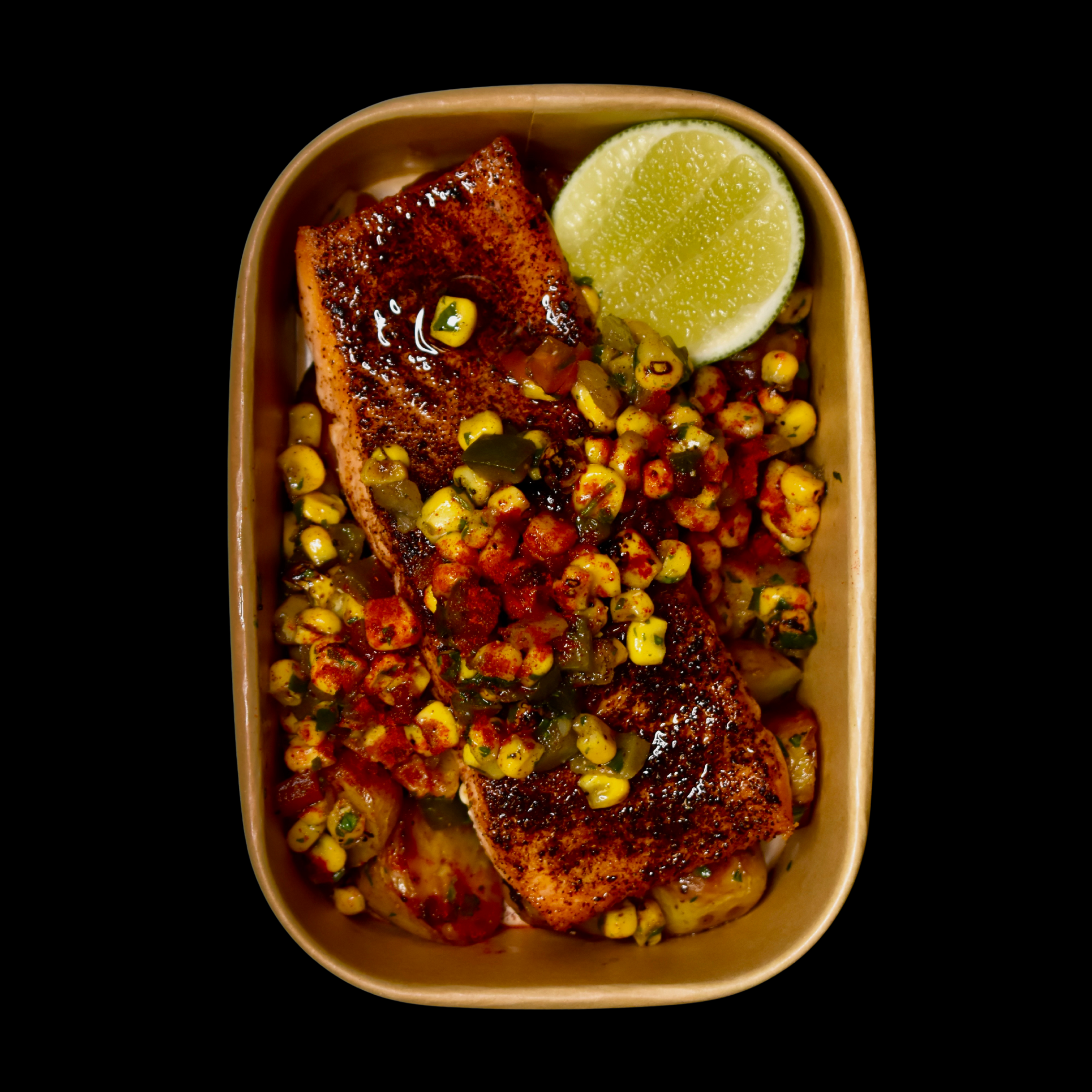 Chili Lime Salmon, Roasted Potatoes, Charred Corn & Poblano