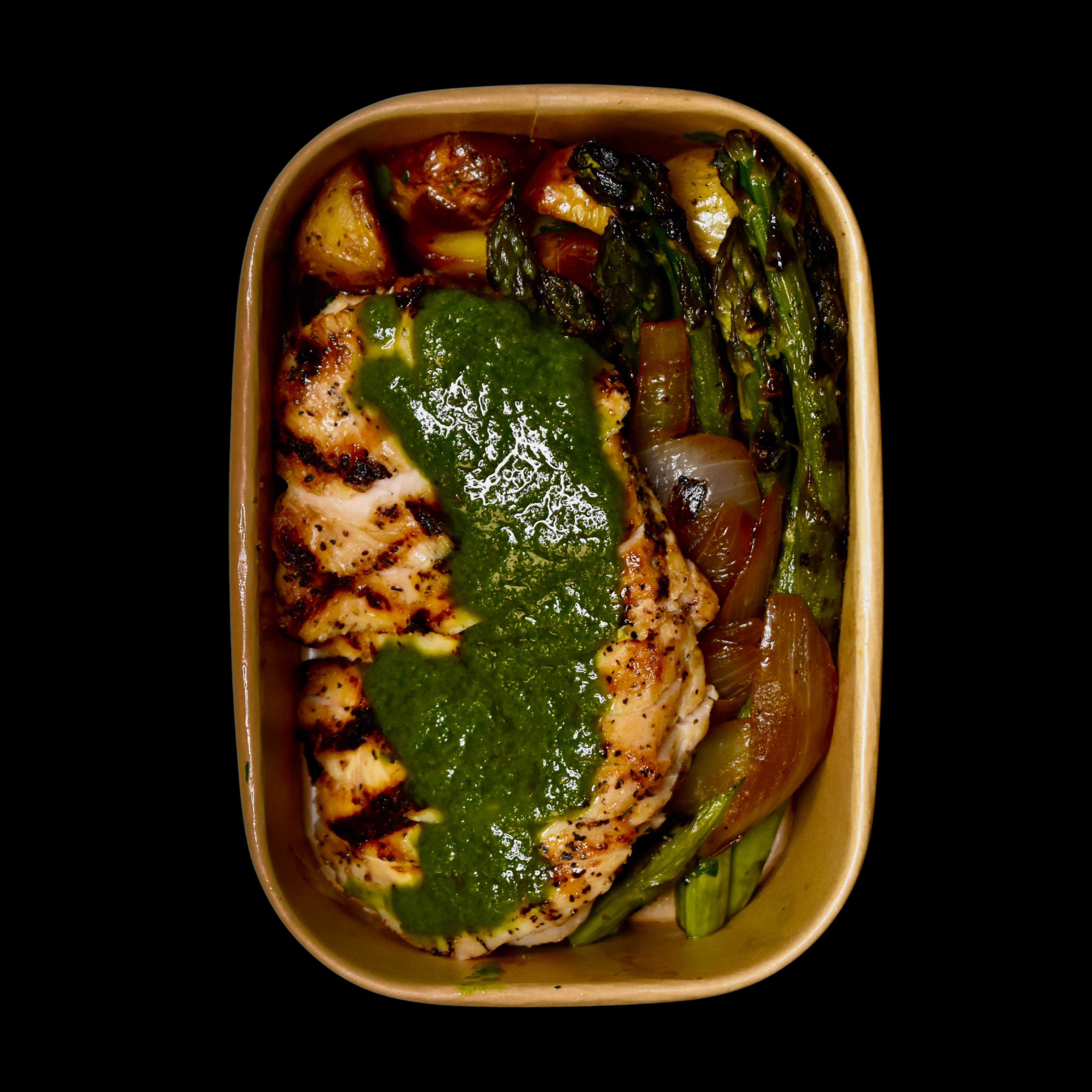 Chimichurri Charred Chicken Breast, Crispy Potatoes, Grilled Asparagus
