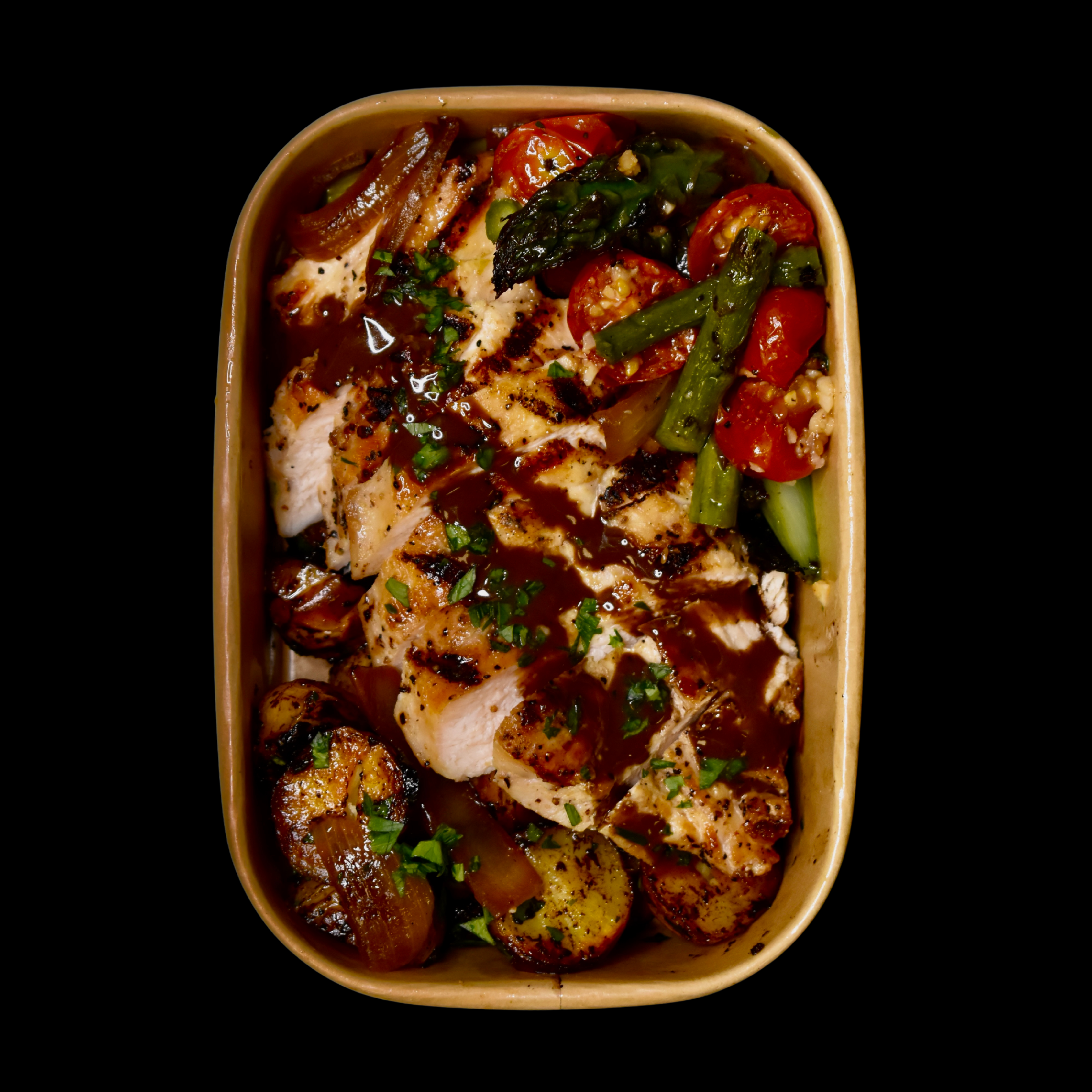 Balsamic Chicken Breast, Black Garlic Potatoes, Grilled Asparagus