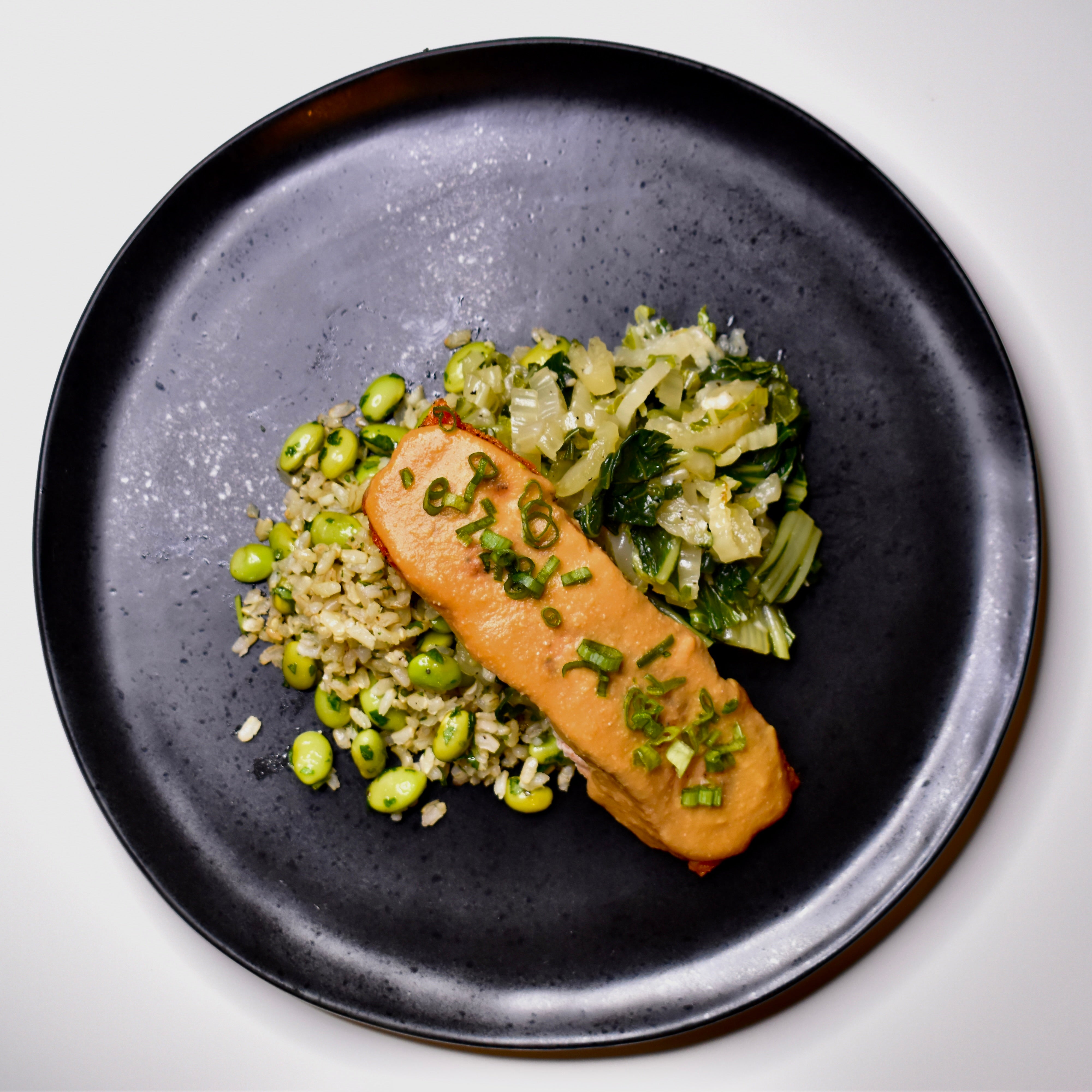 Miso Ginger Salmon, Garlic Bok Choy, Roasted Scallion Sticky Rice