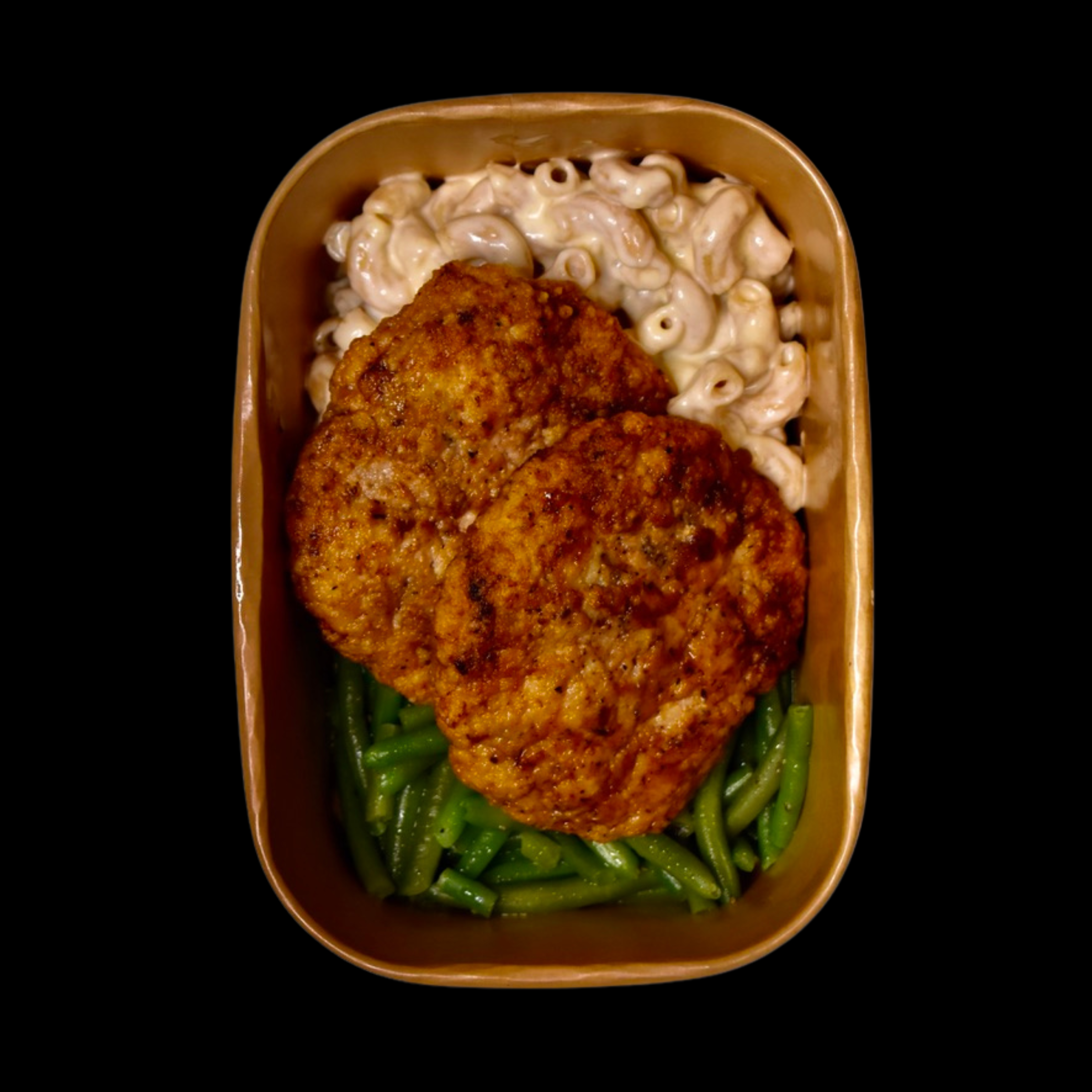 Blackened Chicken Burger, Garlic Green Beans, Protein Macaroni & Cheese
