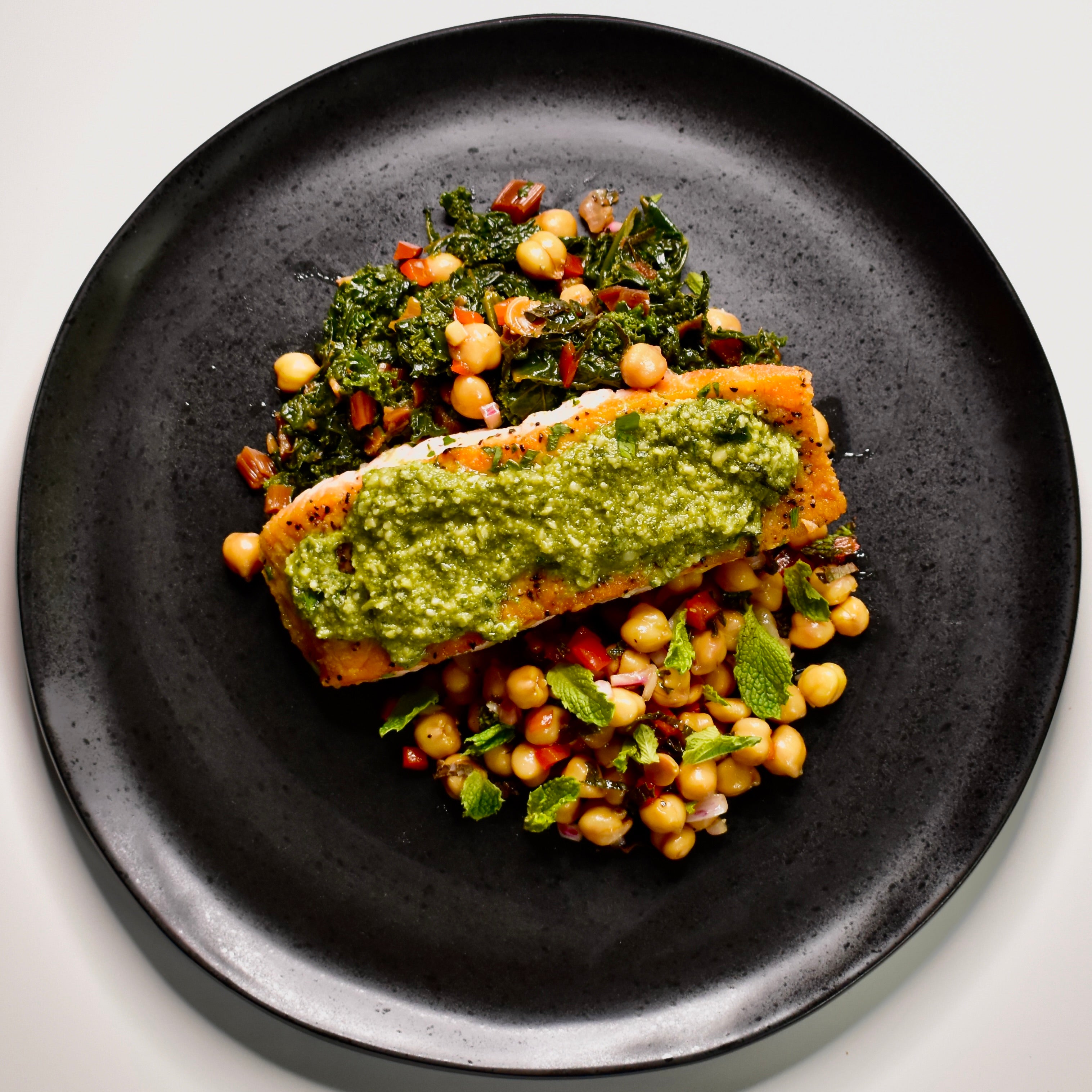 Pesto Rubbed Salmon with Mint Chickpea Salad and Roasted Garlic Bok Choy