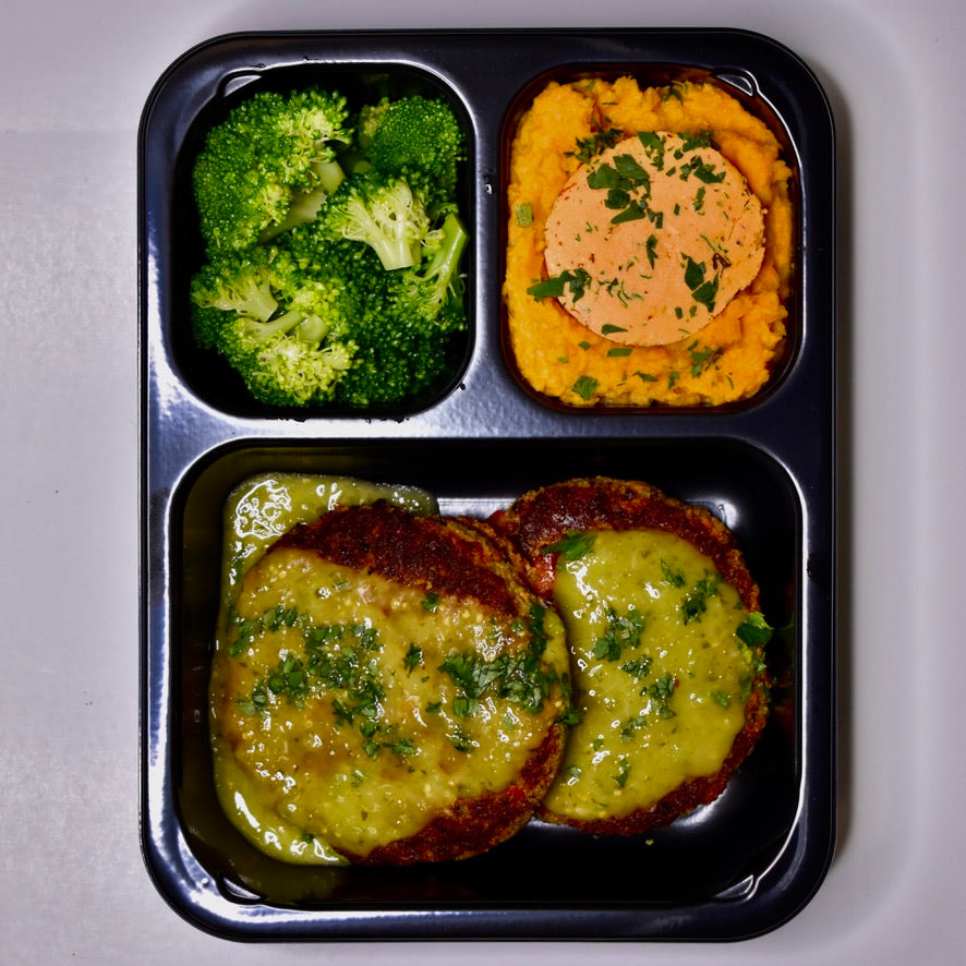 Black Bean Edamame Burger, Chipotle-Lime Sweet Potato Mash, Broccoli