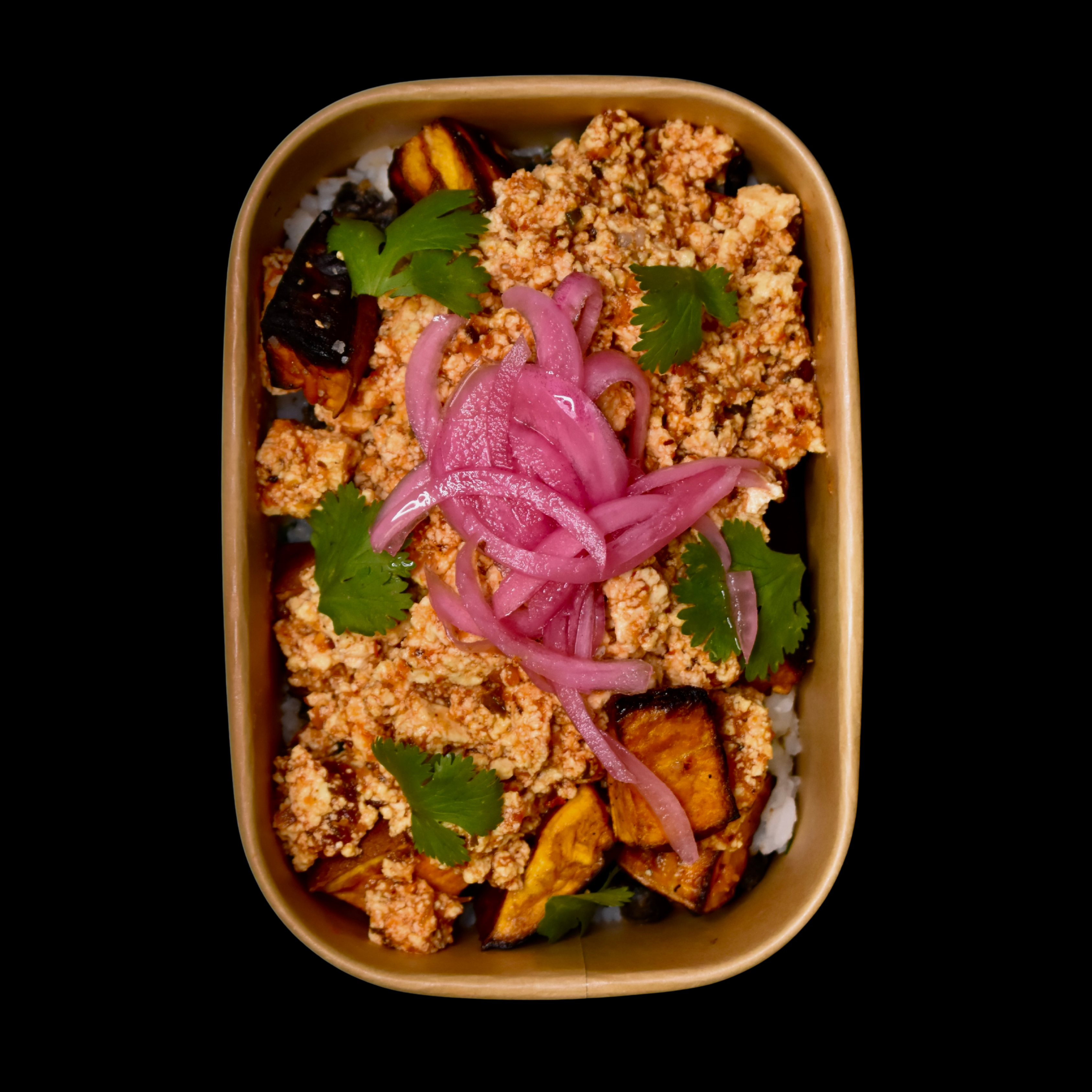 Chipotle Tofu Sofritas, Roasted Sweet Potatoes, Jasmine Rice