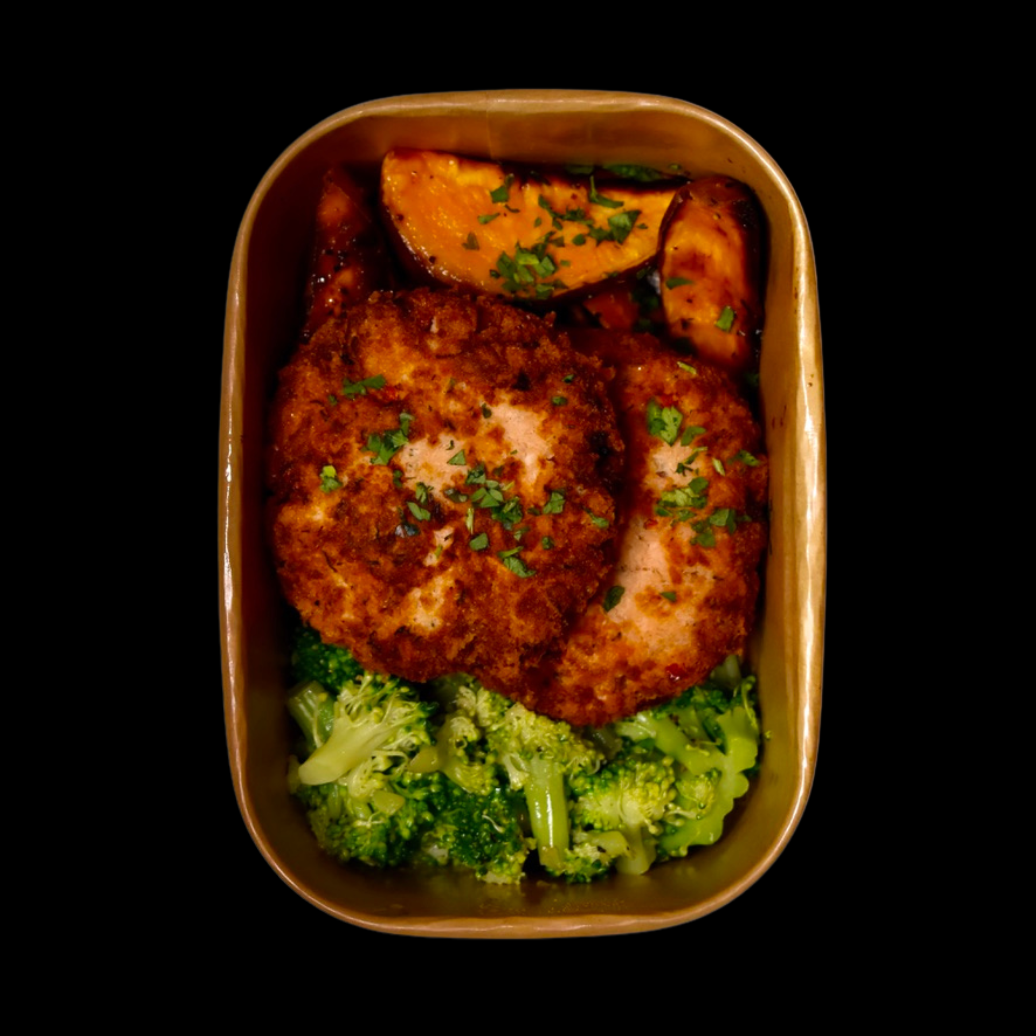 Dill Salmon Cakes, Sweet Potato Wedges, Broccoli
