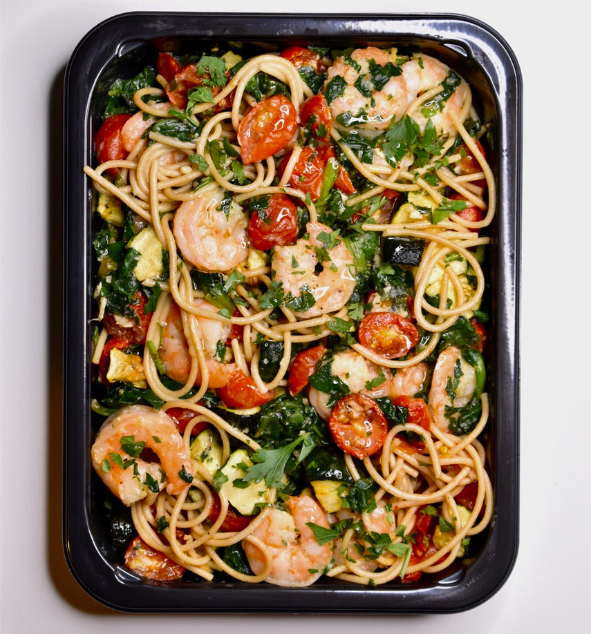 Shrimp Scampi, Pasta, Roasted Zucchini & Tomato