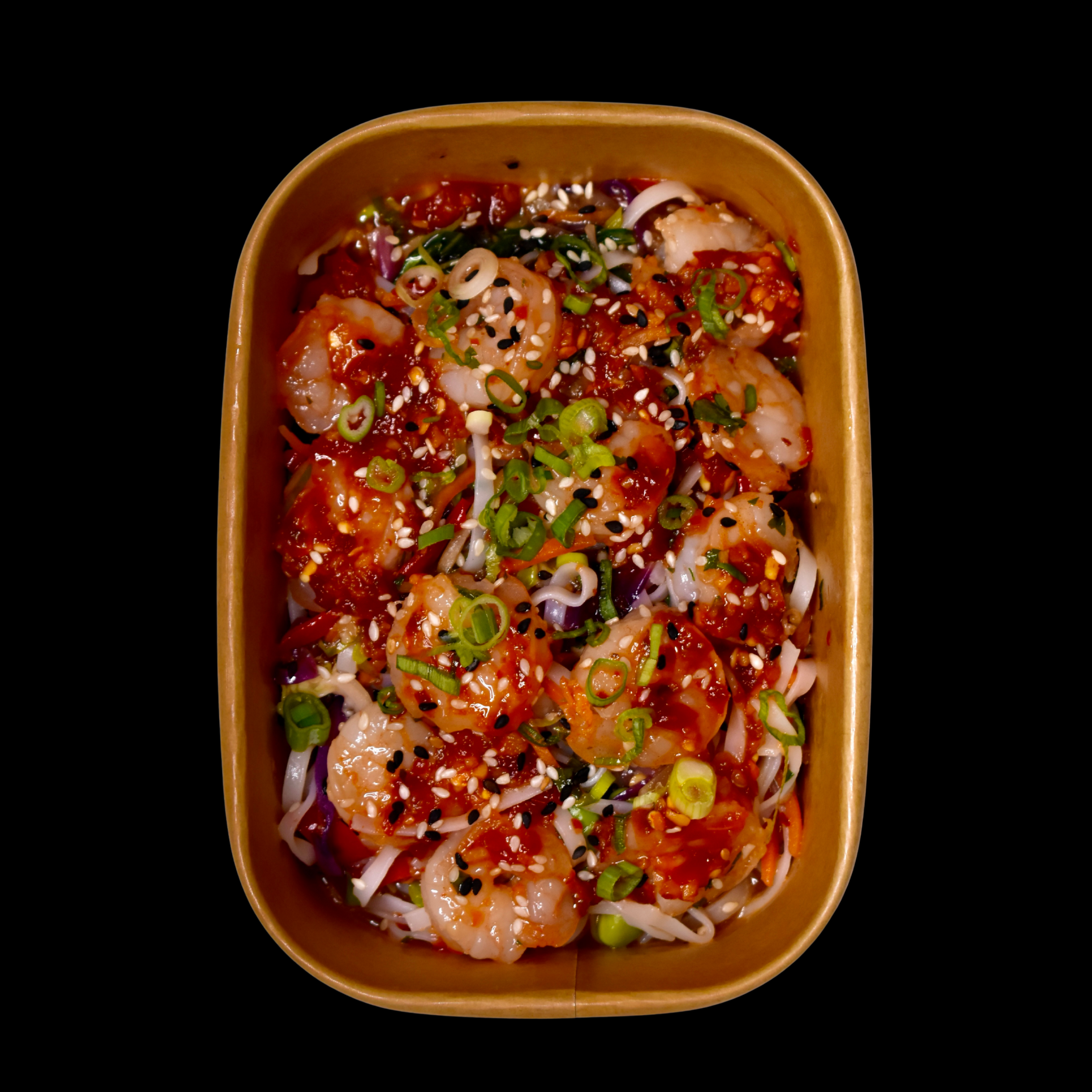 Chili Garlic Shrimp, Vegetable Rice Noodles, Bok Choy