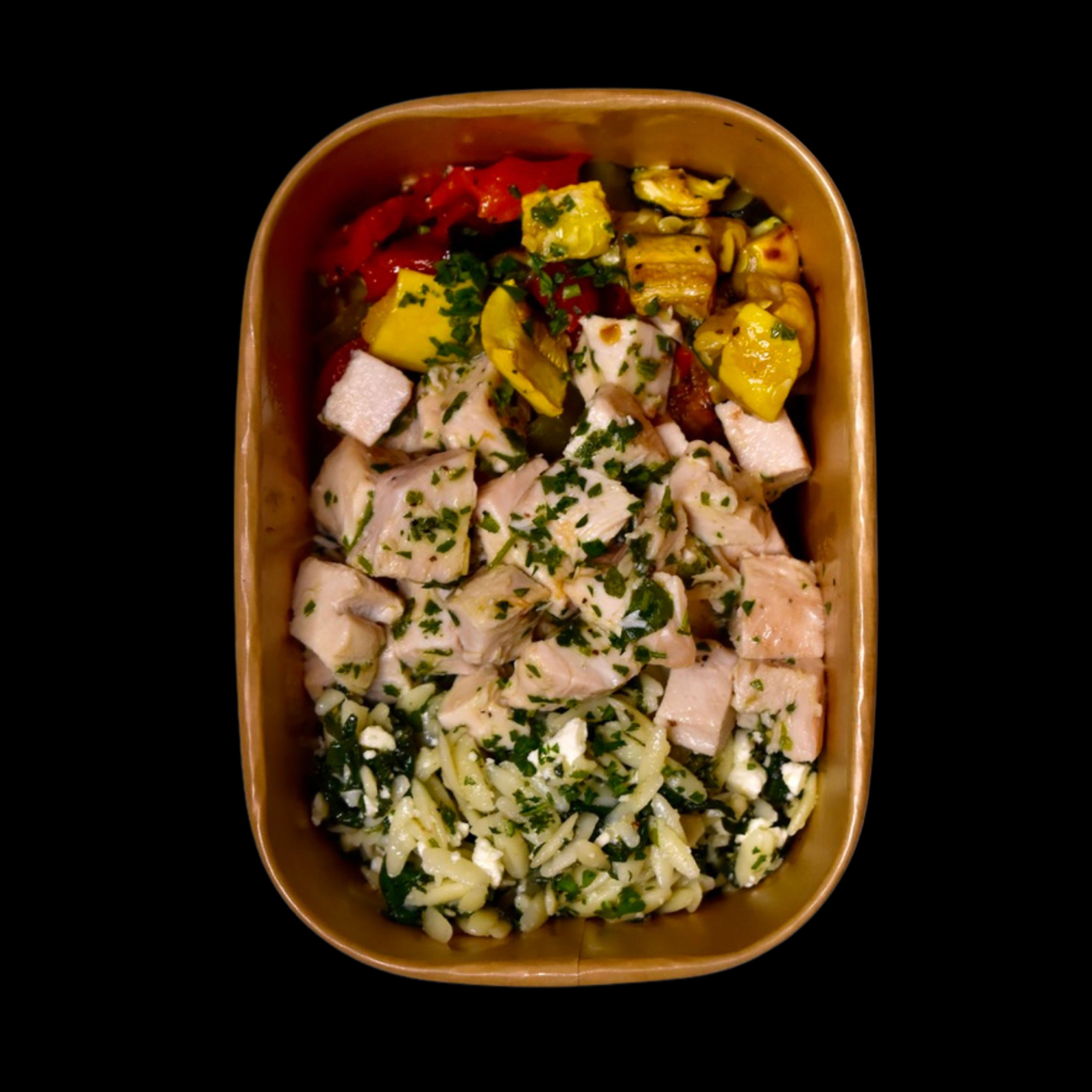 Lemon-Herb Chicken Breast, Spinach Orzo, Roasted Vegetable Medley