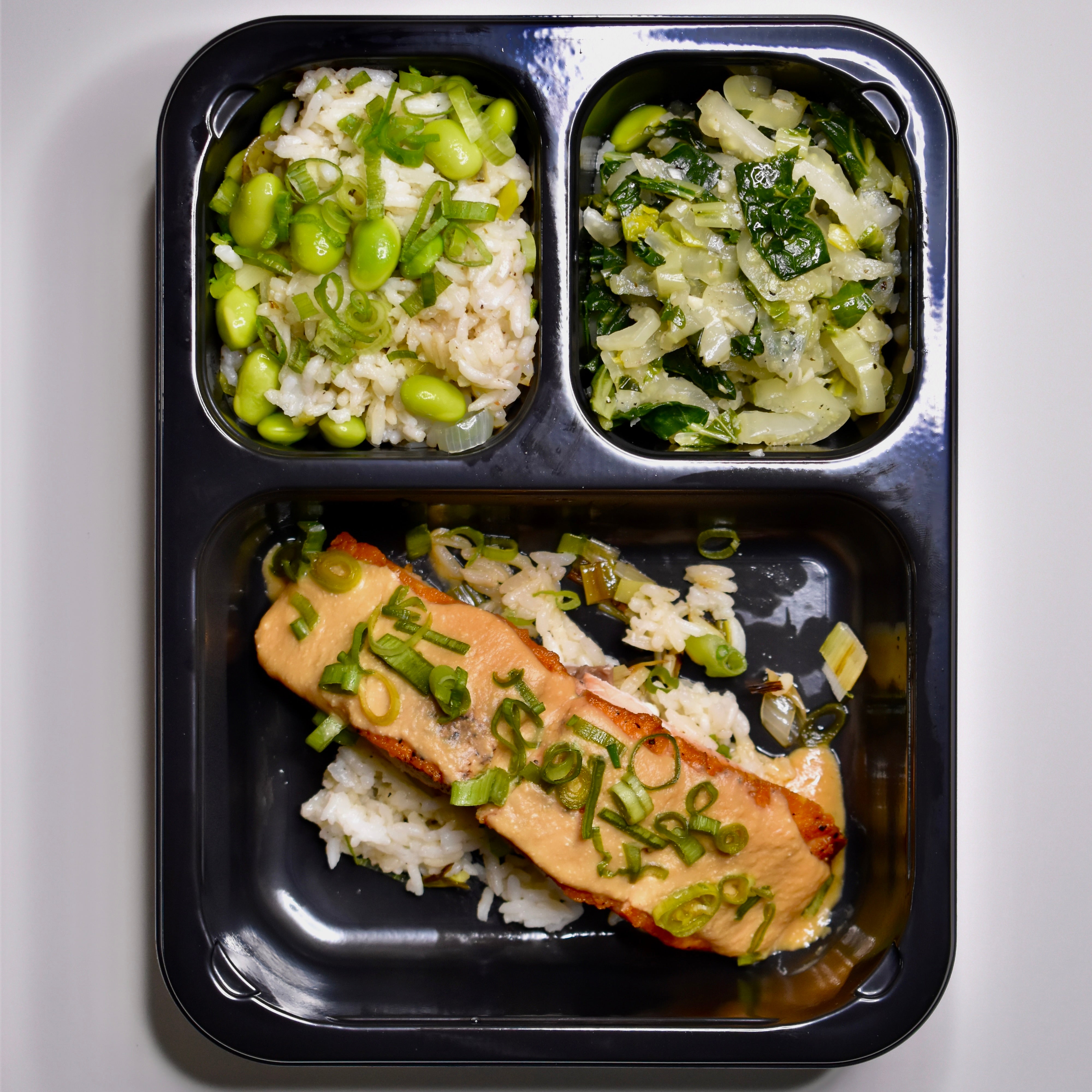 Miso Ginger Salmon, Garlic Bok Choy, Roasted Scallion Sticky Rice