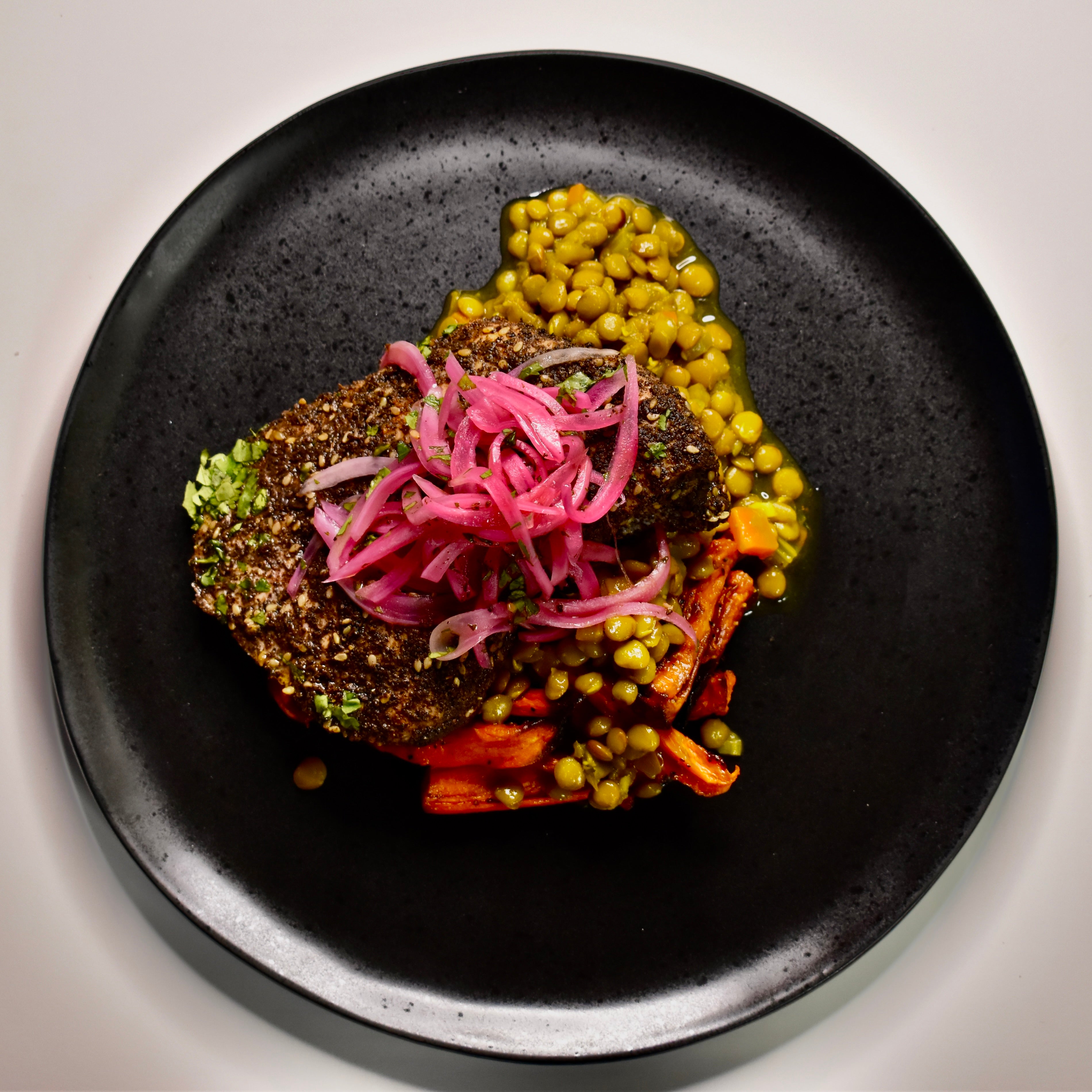 Za’atar Spiced Chicken Breast, Pickled Onion, Cumin Roasted Carrots, Braised Green Lentils