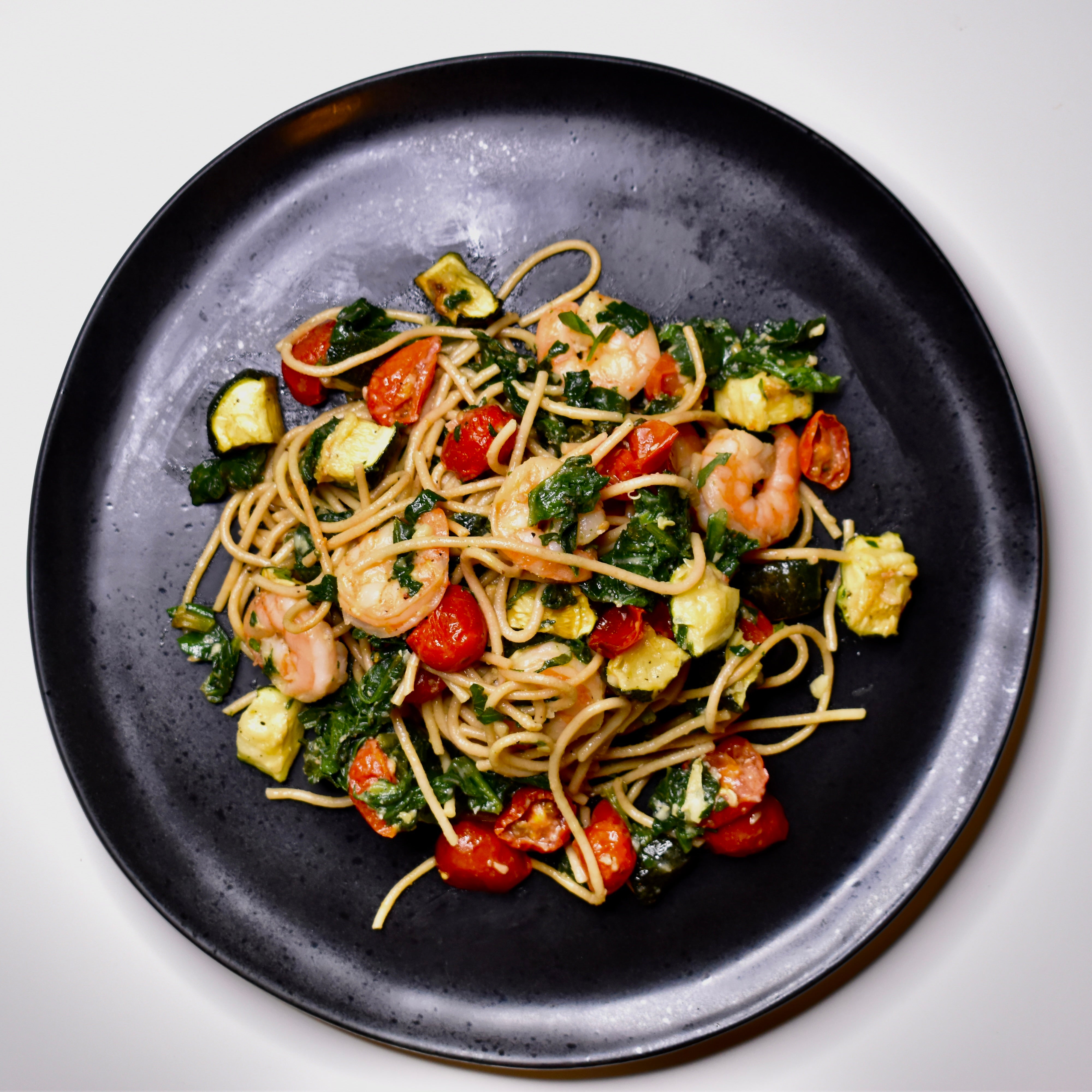 Shrimp Scampi, Pasta, Roasted Zucchini & Tomato