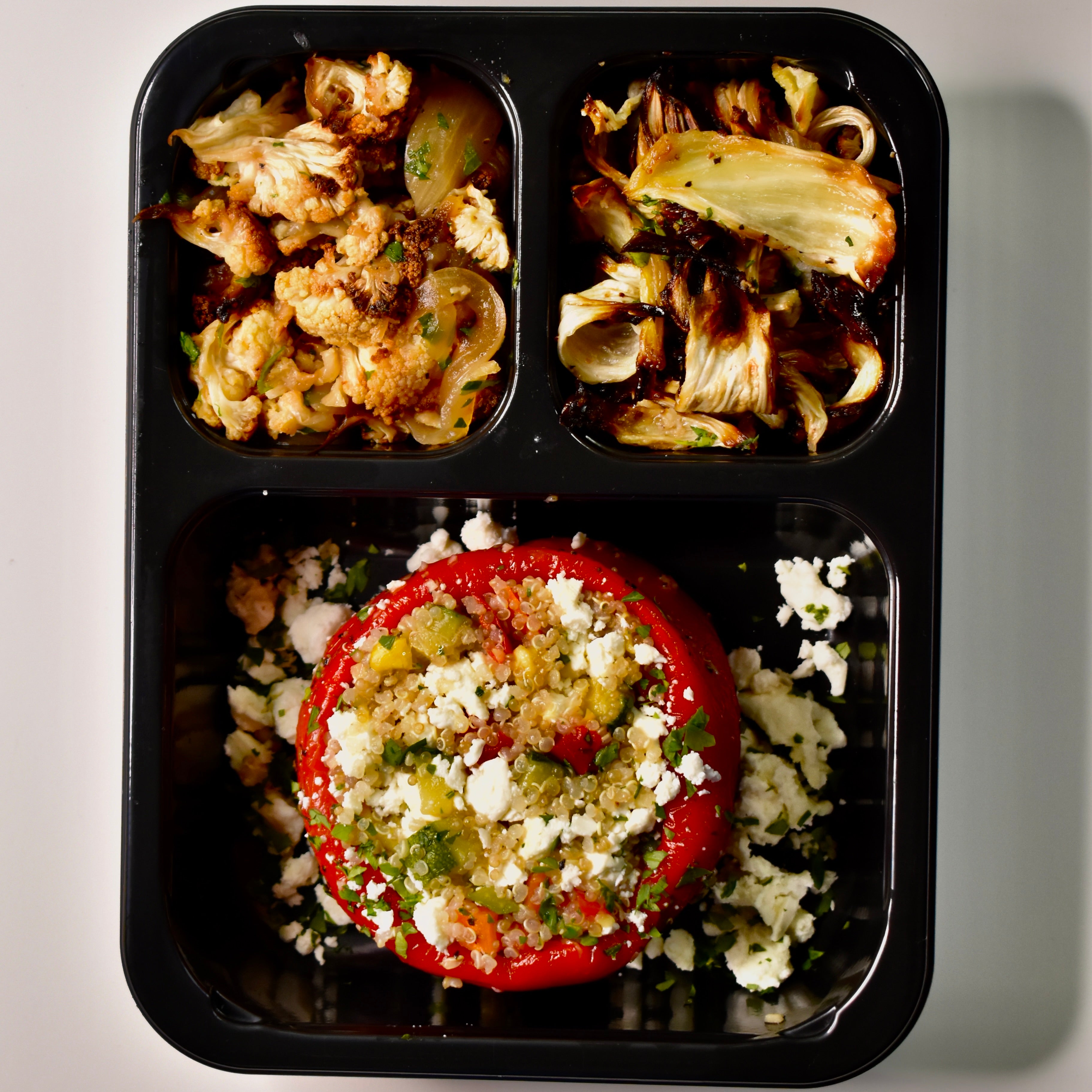 Stuffed Pepper with Roasted Vegetable & Feta Quinoa, Roasted Fennel, Caramelized Onions and Cauliflower