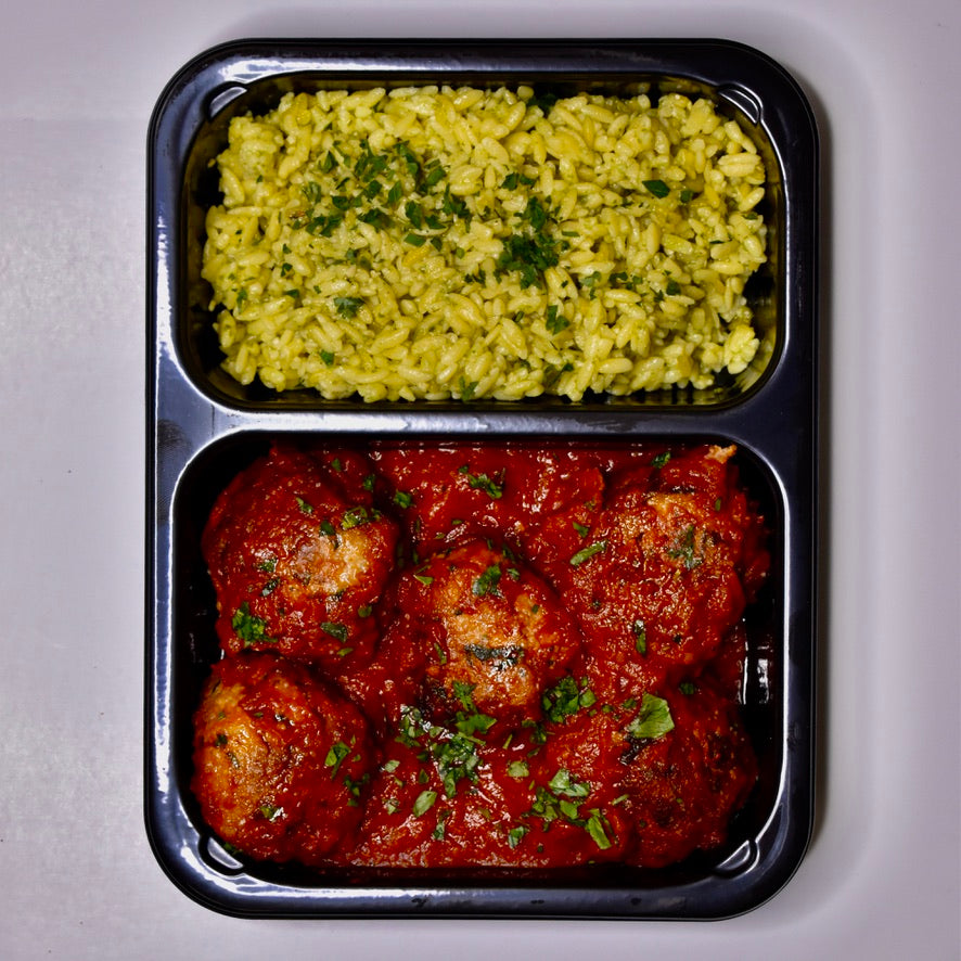 Sun Dried Tomato & Spinach Turkey Meatballs, Pesto Orzo