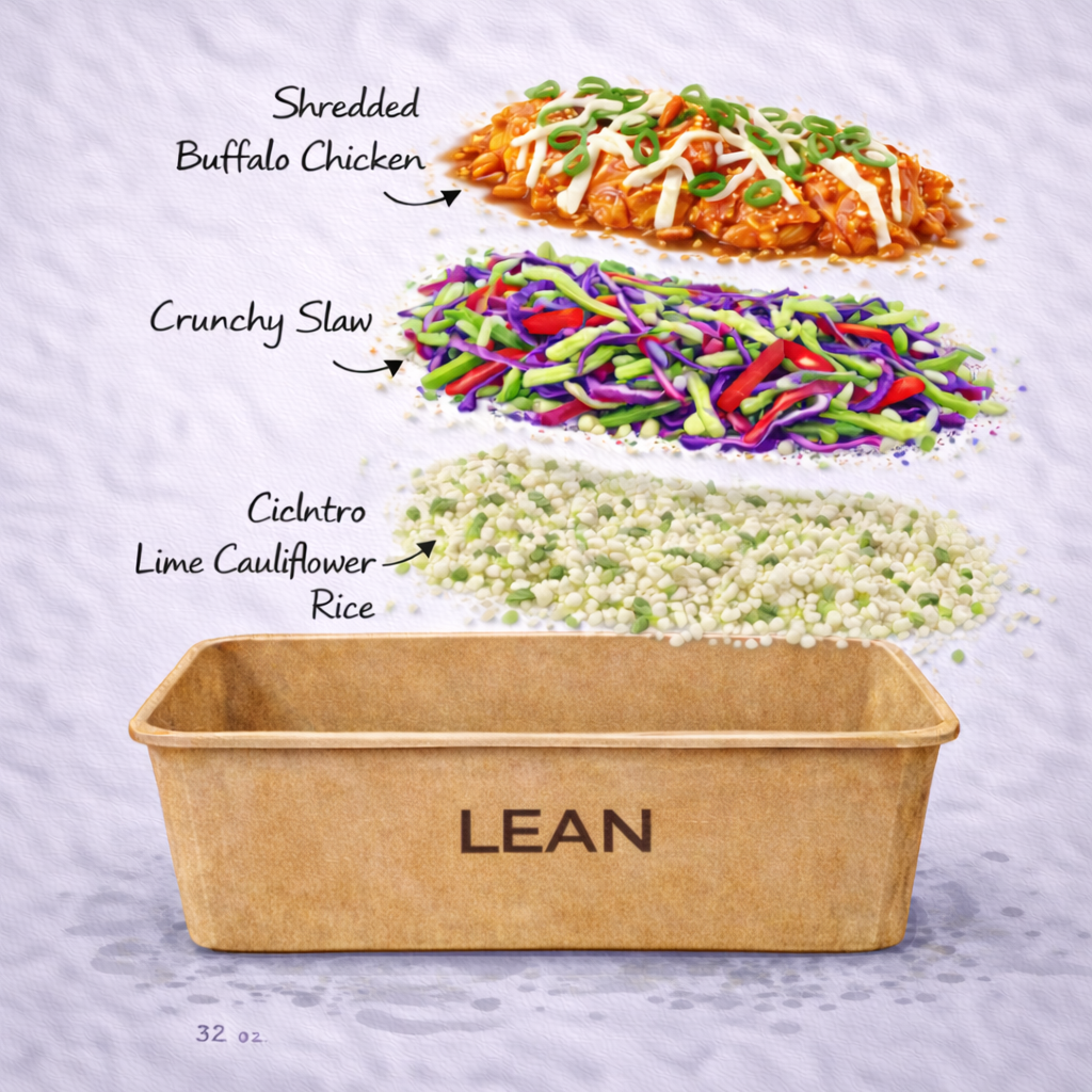 Buffalo Chicken, Cilantro-Lime Cauliflower Rice, Crunchy Slaw