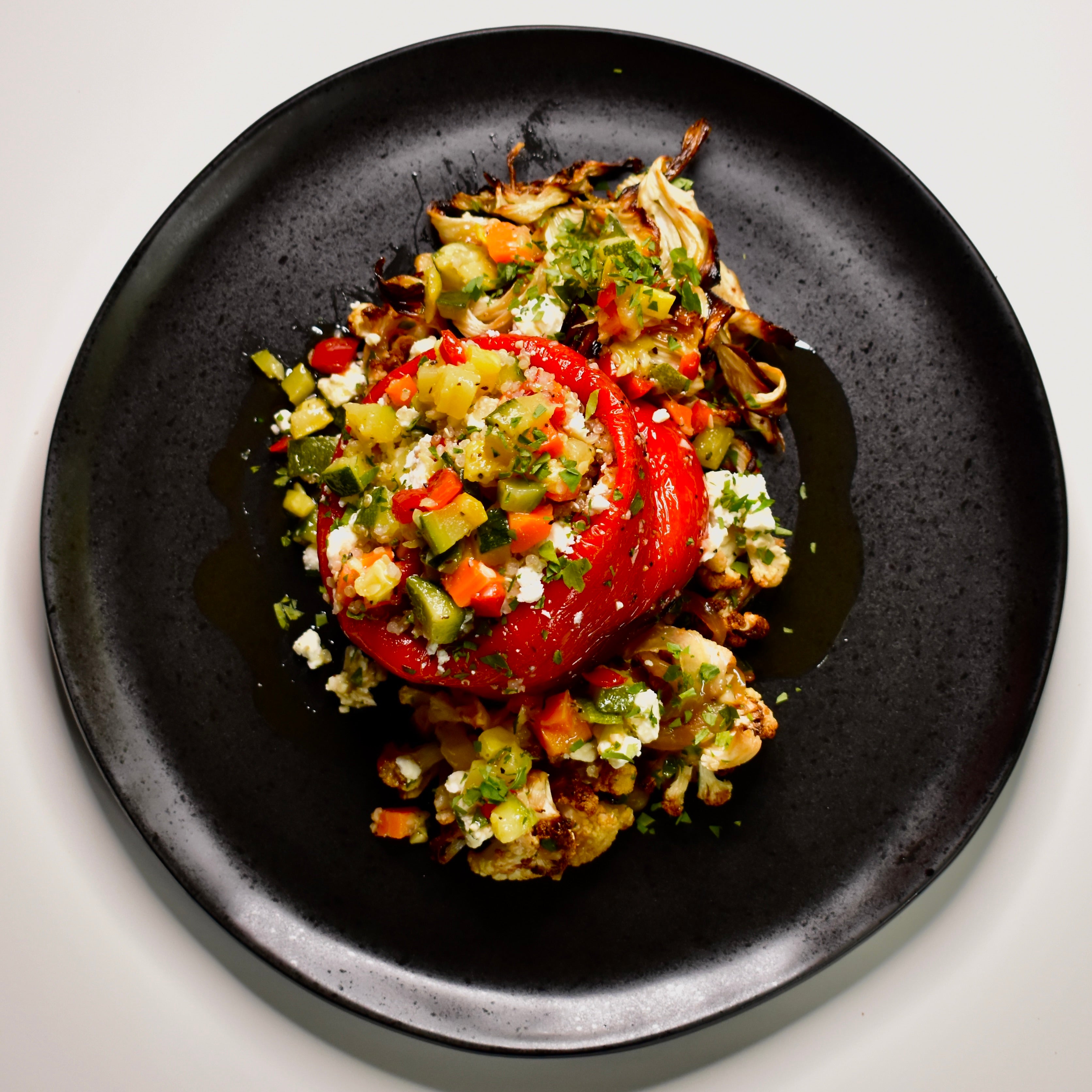Stuffed Pepper with Roasted Vegetable & Feta Quinoa, Roasted Fennel, Caramelized Onions and Cauliflower