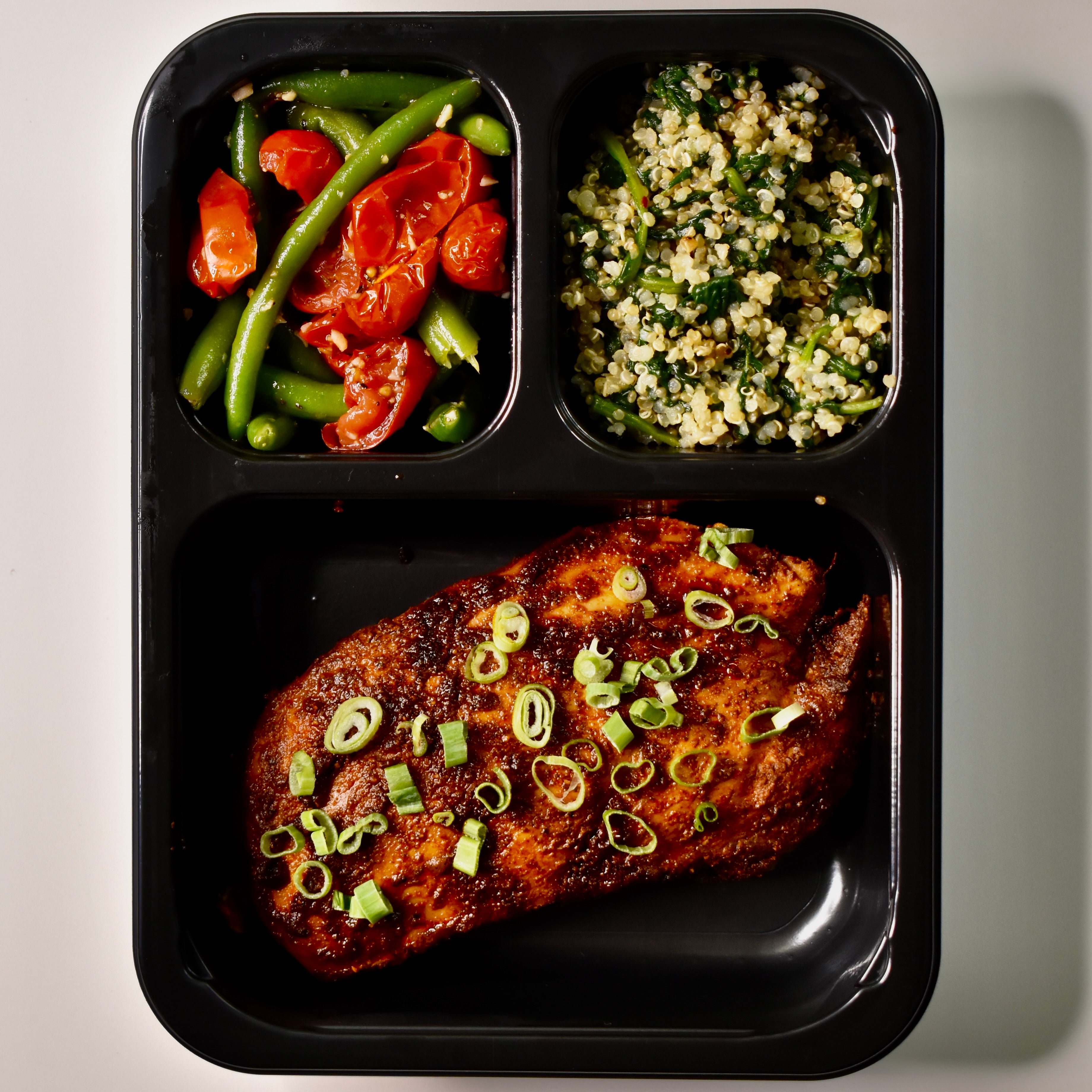 Paprika Rubbed Chicken Breast, Roasted Green Beans & Tomatoes, Garlic Spinach Quinoa