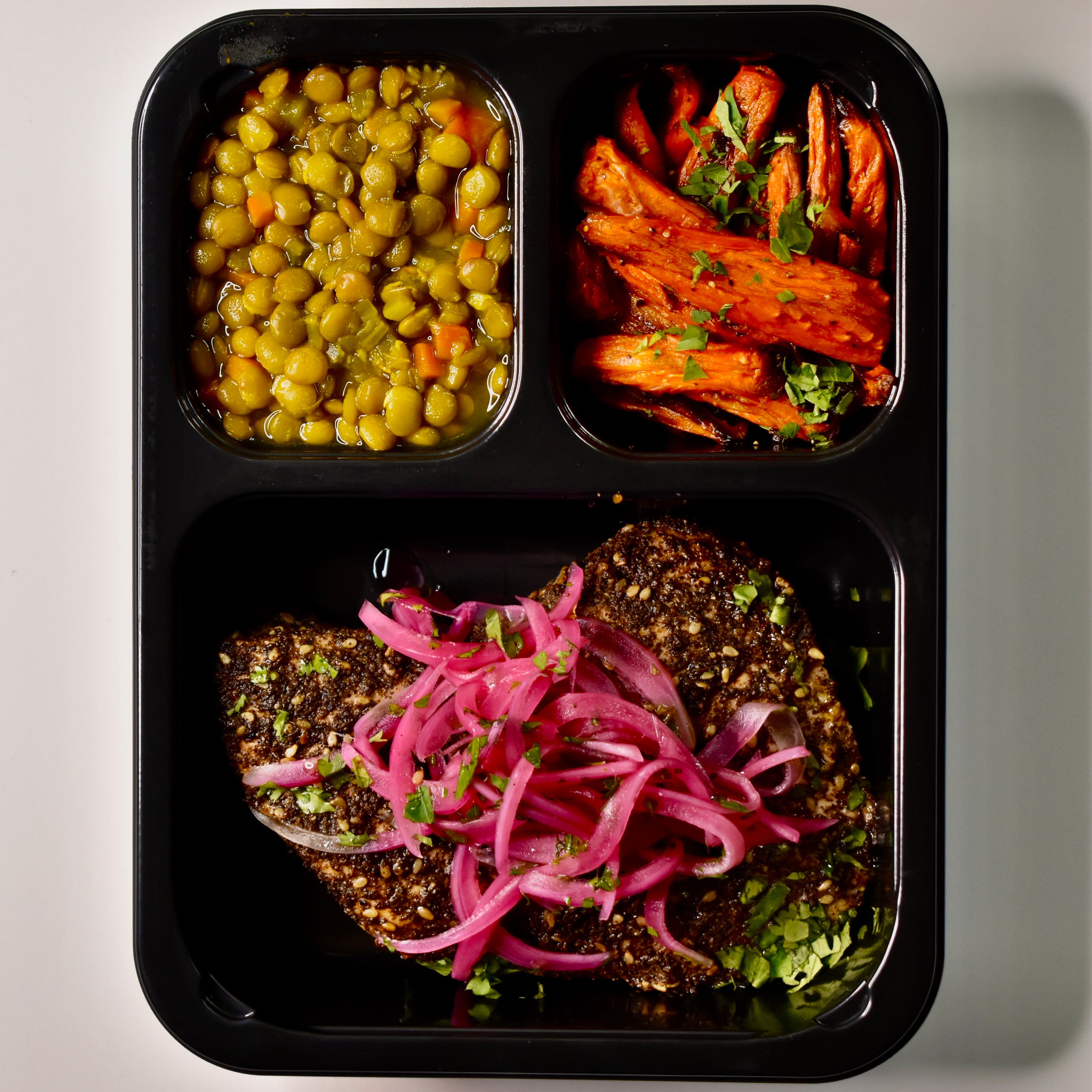Za’atar Spiced Chicken Breast, Pickled Onion, Cumin Roasted Carrots, Braised Green Lentils