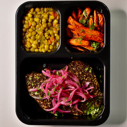 Za’atar Spiced Chicken Breast, Pickled Onion, Cumin Roasted Carrots, Braised Green Lentils