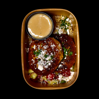 Falafel Cakes, Quinoa, Cucumber Tomato Salad, Hummus Dressing