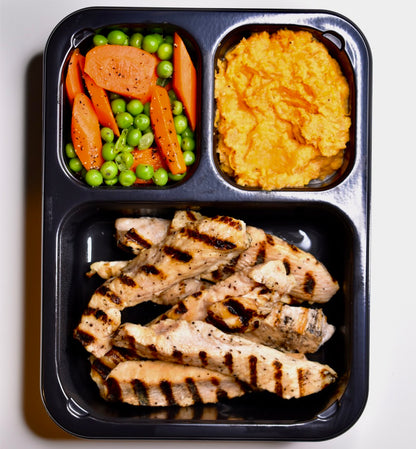 Grilled Chicken Strips, Sweet Potato Mash, Peas & Carrots