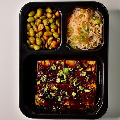Sticky Asian BBQ Tofu with Ginger Rice Noodles and Peanut Roasted Edamame