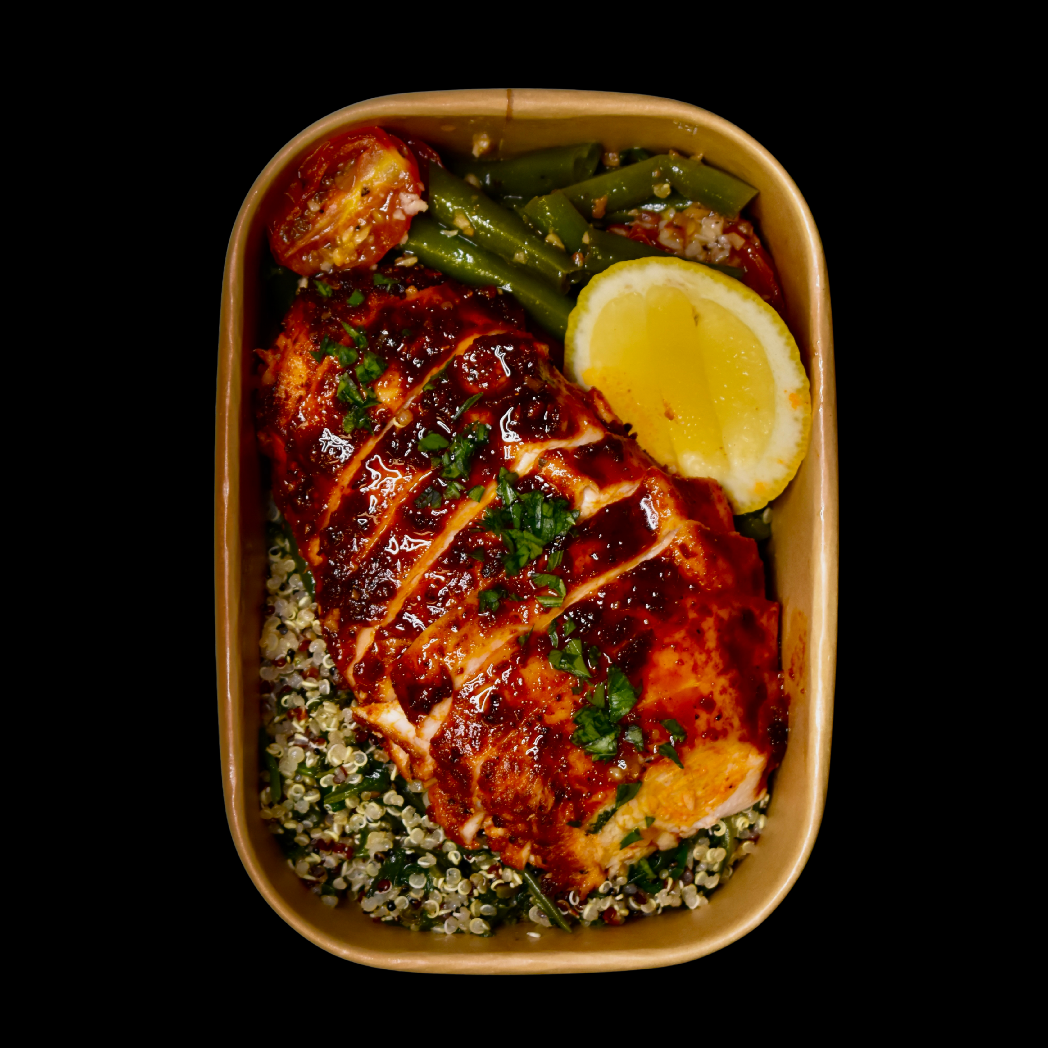 Paprika Rubbed Chicken Breast, Spinach Quinoa, Garlic Roasted Tomatoes & Green Beans
