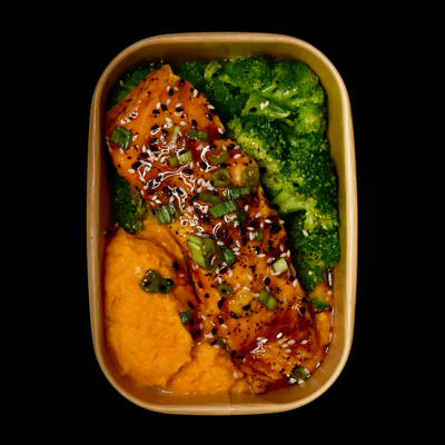 Teriyaki Salmon, Miso Butter Sweet Potato Mash, Sesame Broccoli