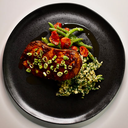 Paprika Rubbed Chicken Breast, Roasted Green Beans & Tomatoes, Garlic Spinach Quinoa