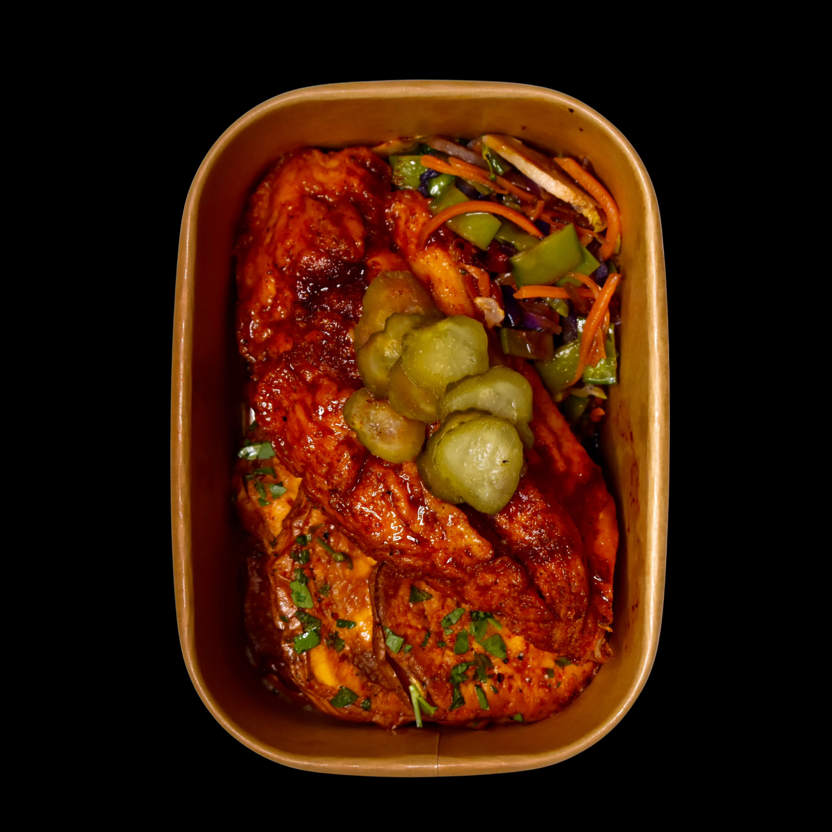 Nashville Hot Honey Chicken, Tajin Sweet Potato, Slaw