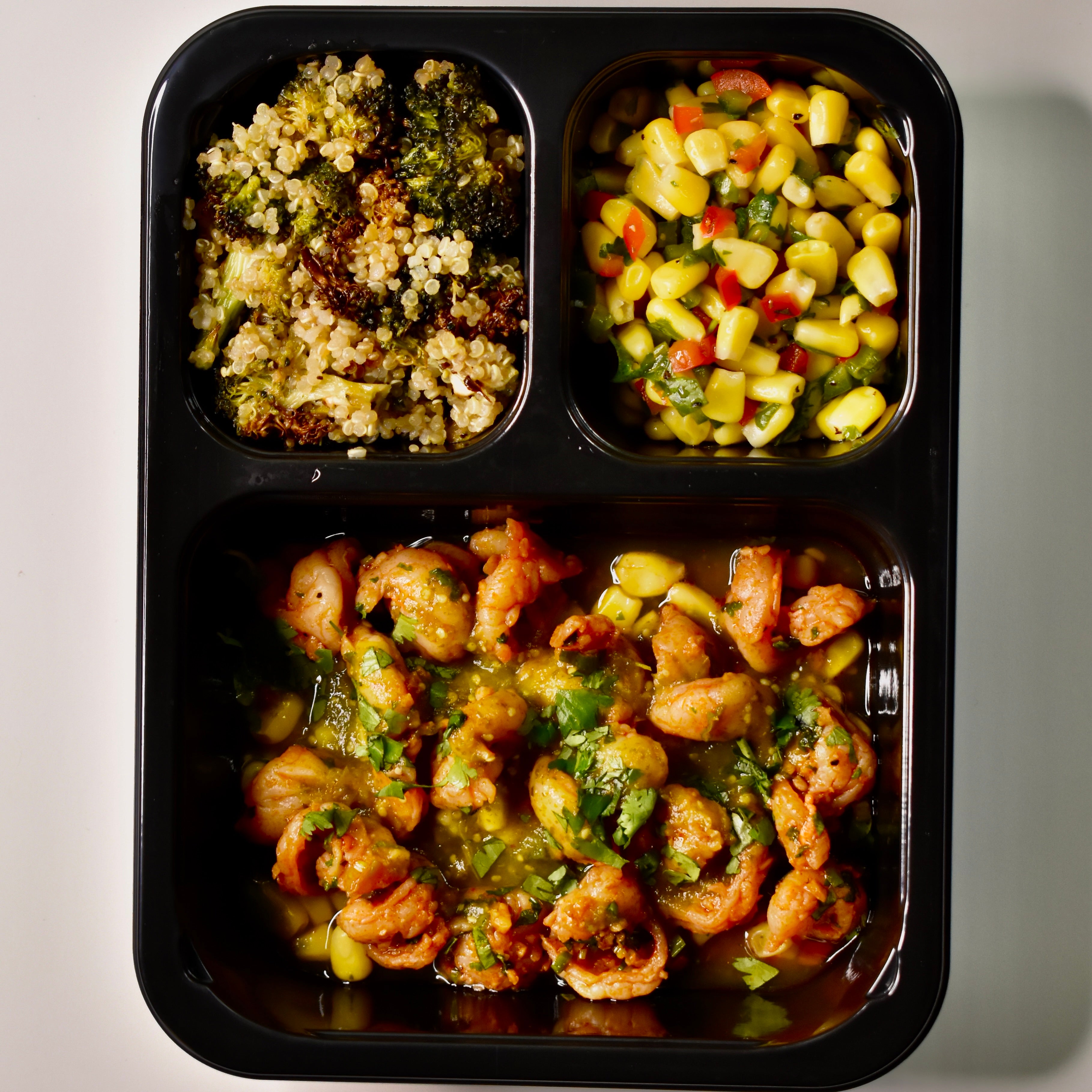Spanish Garlic Shrimp, Summer Corn Salad, Salsa Verde, Quinoa w/ Broccoli