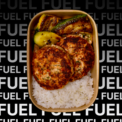 Dill Salmon Cakes, Jasmine Rice, Zucchini & Squash
