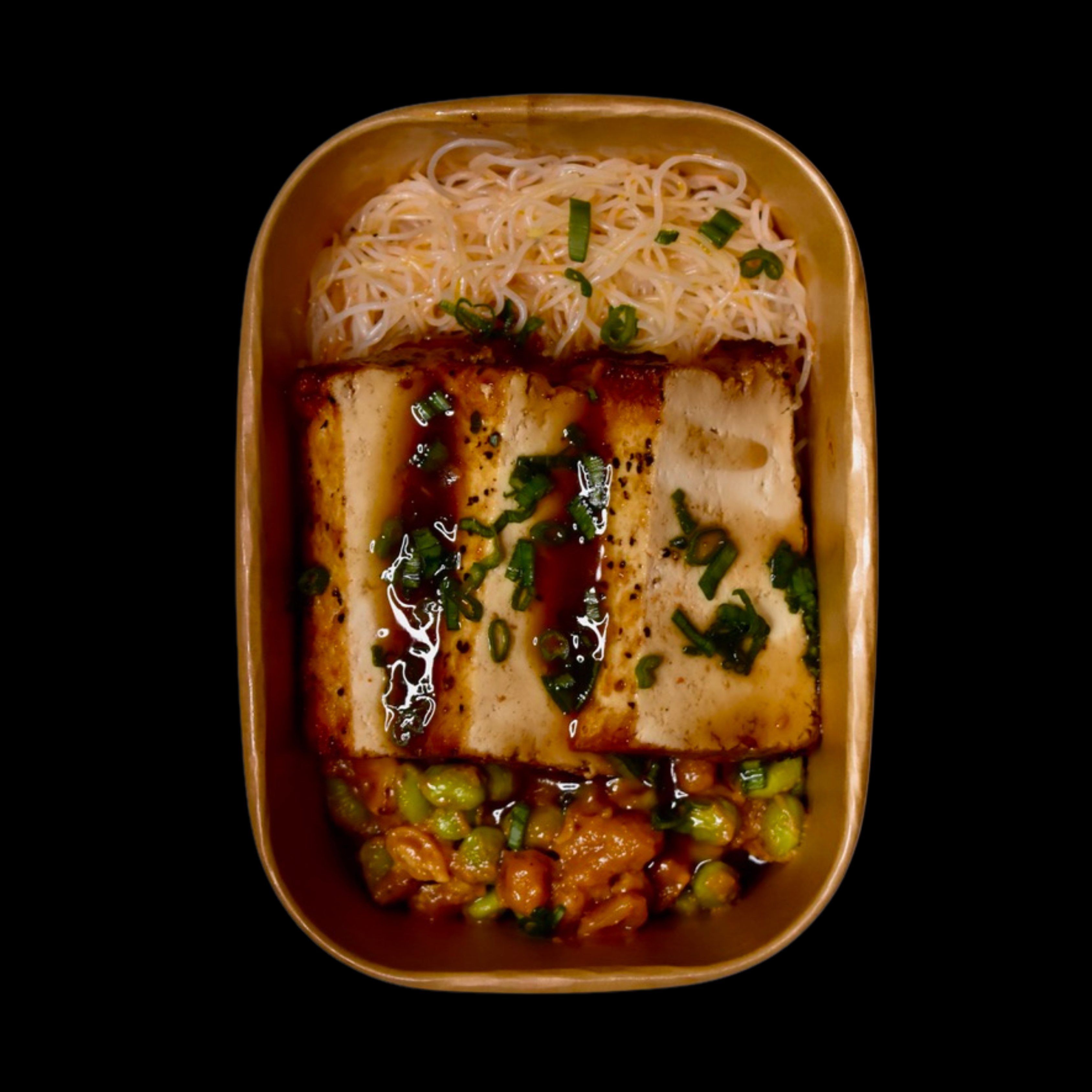 Sticky Asian BBQ Tofu with Ginger Rice Noodles and Peanut Roasted Edamame