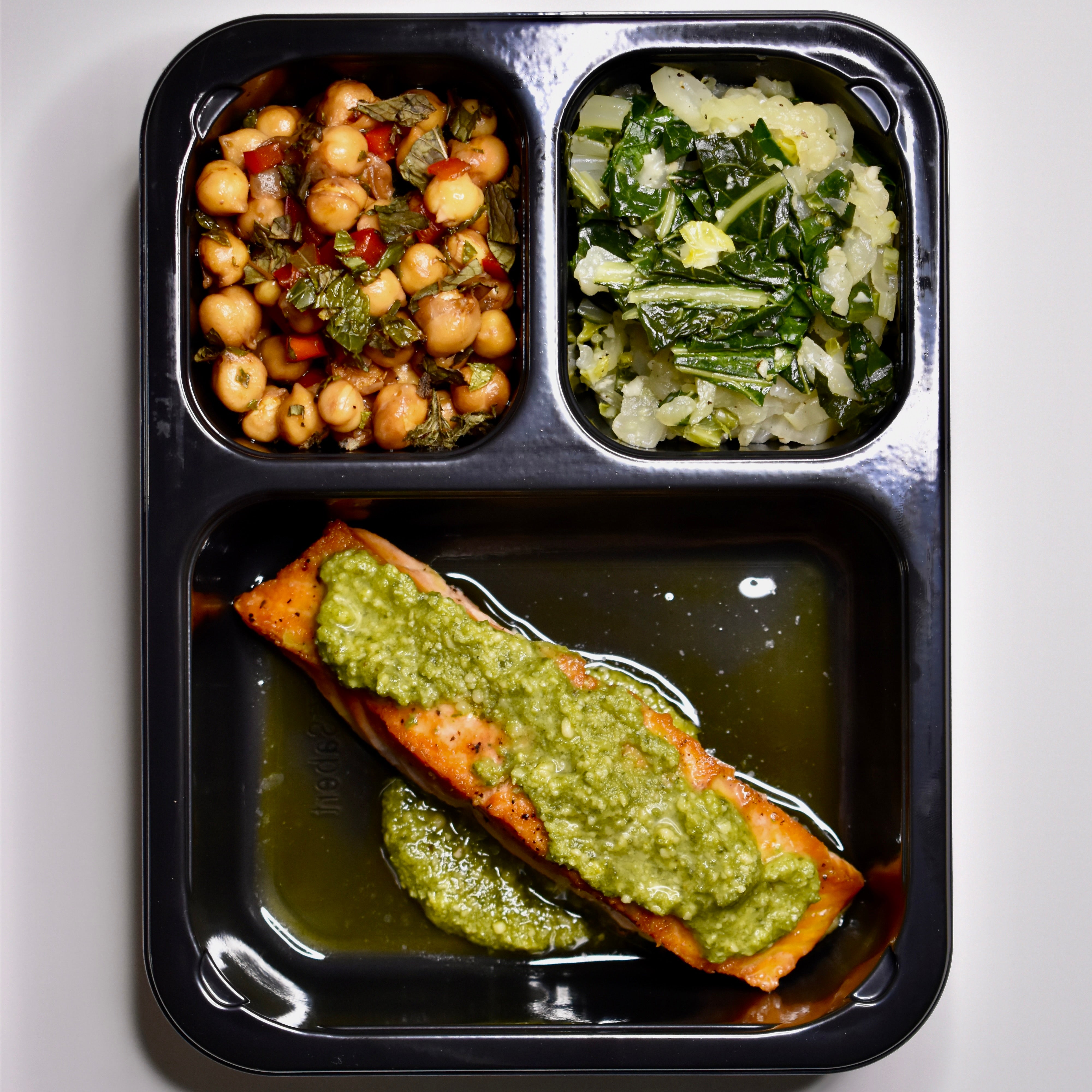 Pesto Rubbed Salmon with Mint Chickpea Salad and Roasted Garlic Bok Choy