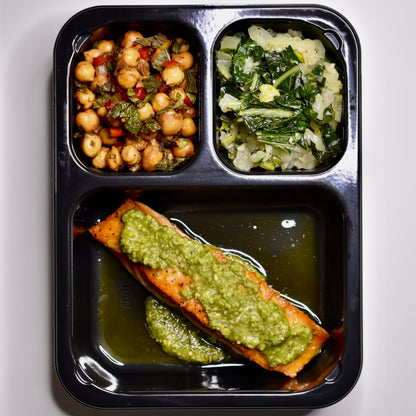 Pesto Rubbed Salmon with Mint Chickpea Salad and Roasted Garlic Bok Choy