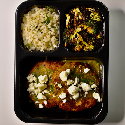 Black Bean & Corn Cake with Salsa Verde, Cotija Cheese, Cilantro-Lime Cauliflower Rice, Smoked Paprika Broccoli