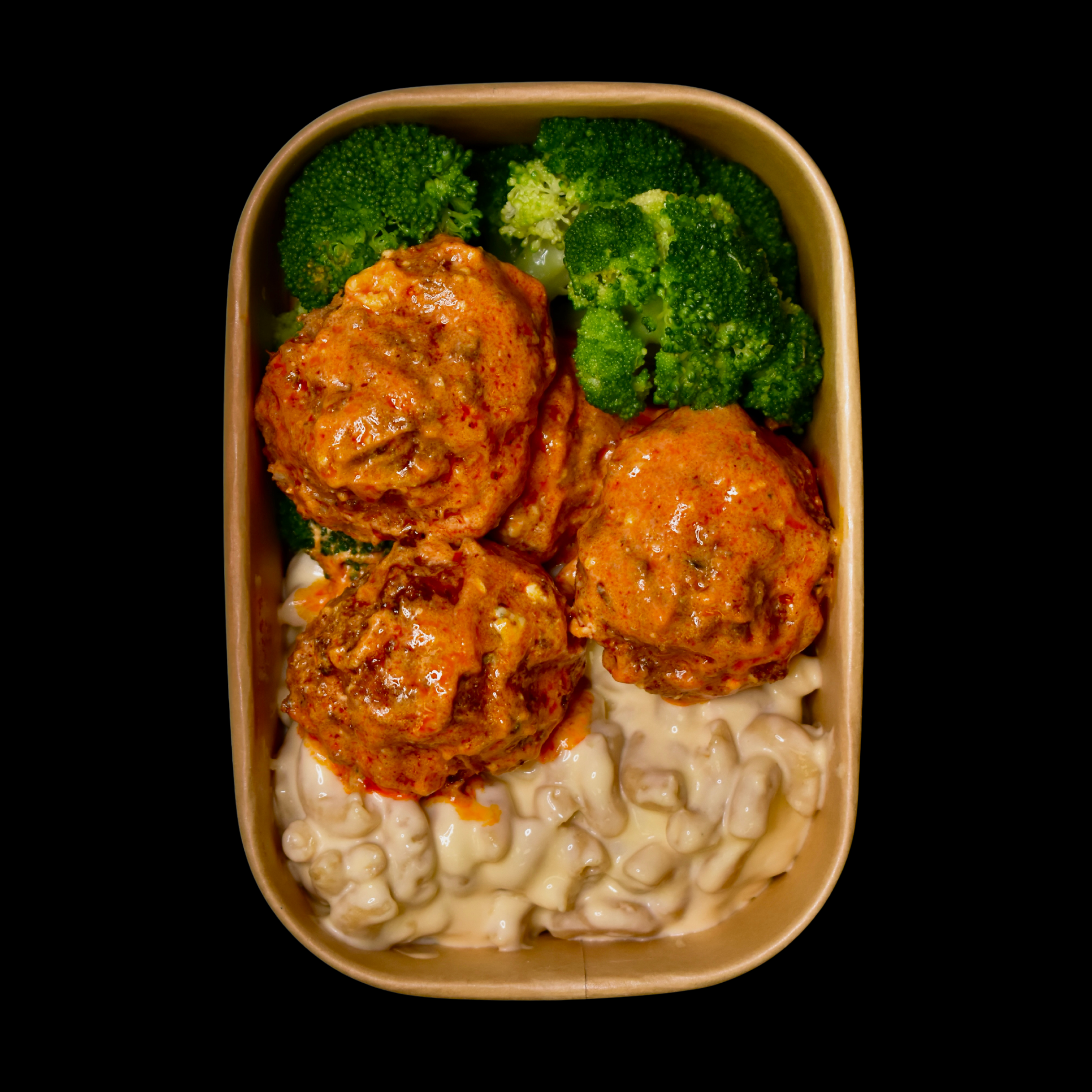 Buffalo Chicken Meatballs, High Protein Mac n Cheese, Broccoli