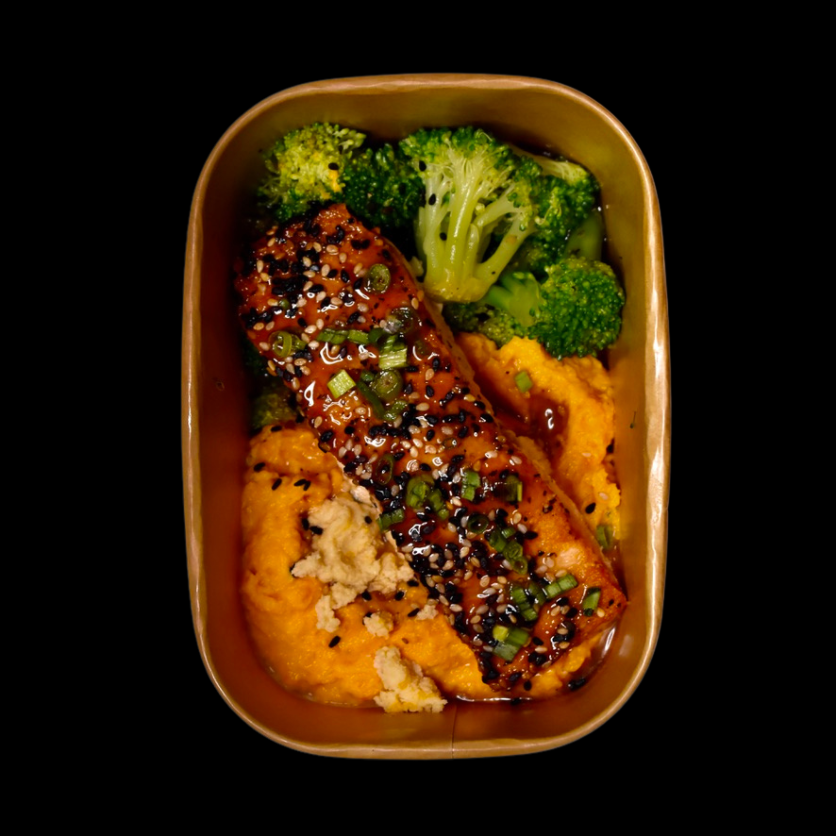 Teriyaki Salmon, Miso Butter Sweet Potato Mash, Sesame Broccoli