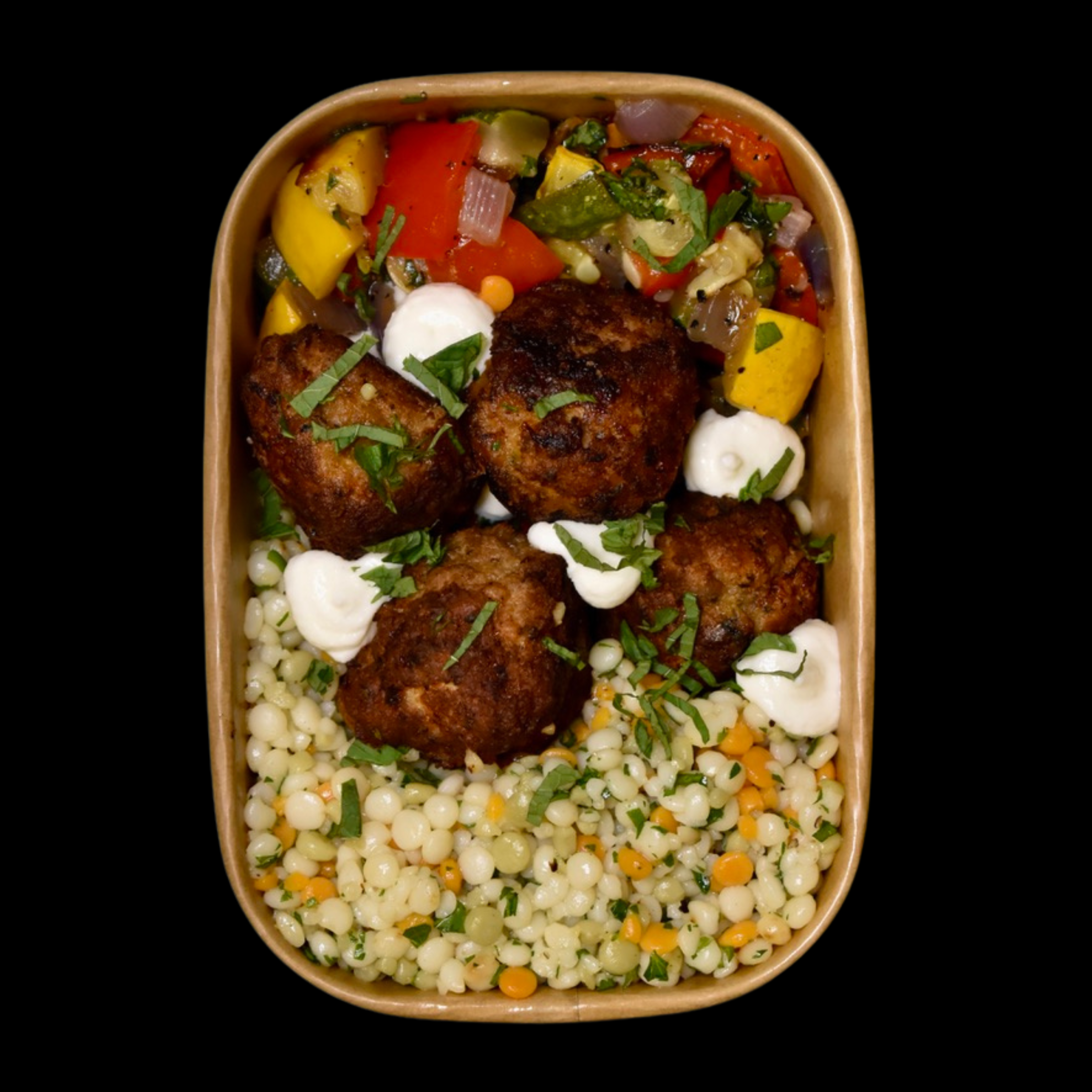Mediterranean Turkey Meatballs, Couscous, Mint Roasted Veg