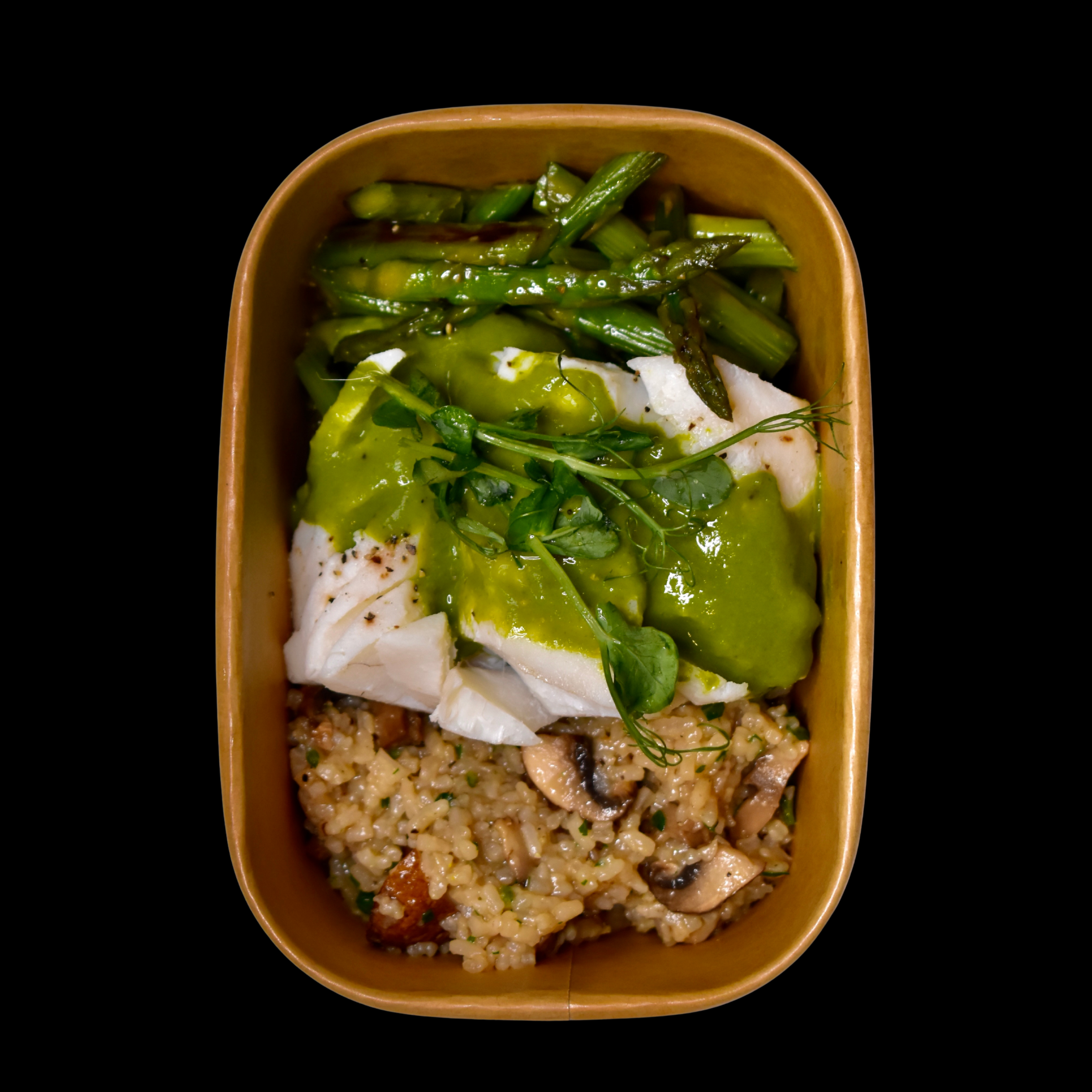 Lemon Herb Cod, Mushroom Risotto, Asparagus