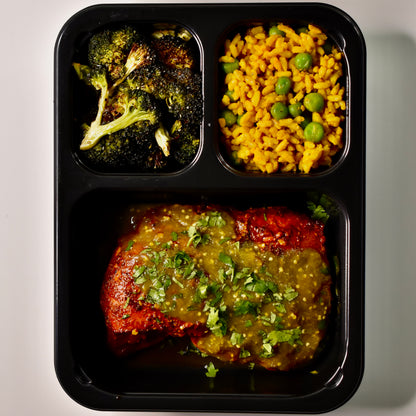 Achiote Marinated Chicken Breast with Tomatillo Salsa, Green Pea-Turmeric Spanish Rice and Roasted Broccoli