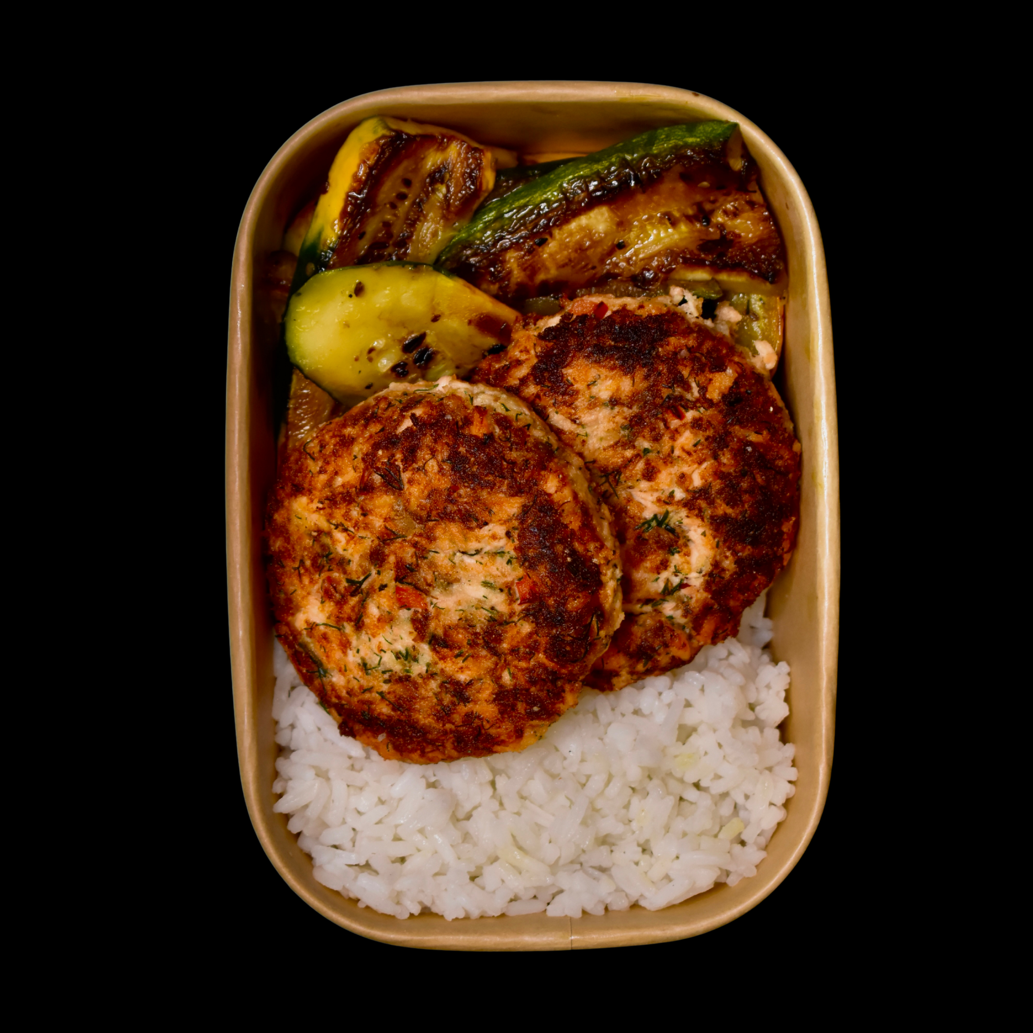 Dill Salmon Cakes, Jasmine Rice, Zucchini & Squash