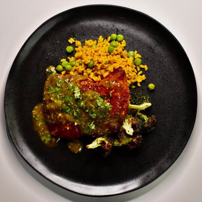 Achiote Marinated Chicken Breast with Tomatillo Salsa, Green Pea-Turmeric Spanish Rice and Roasted Broccoli