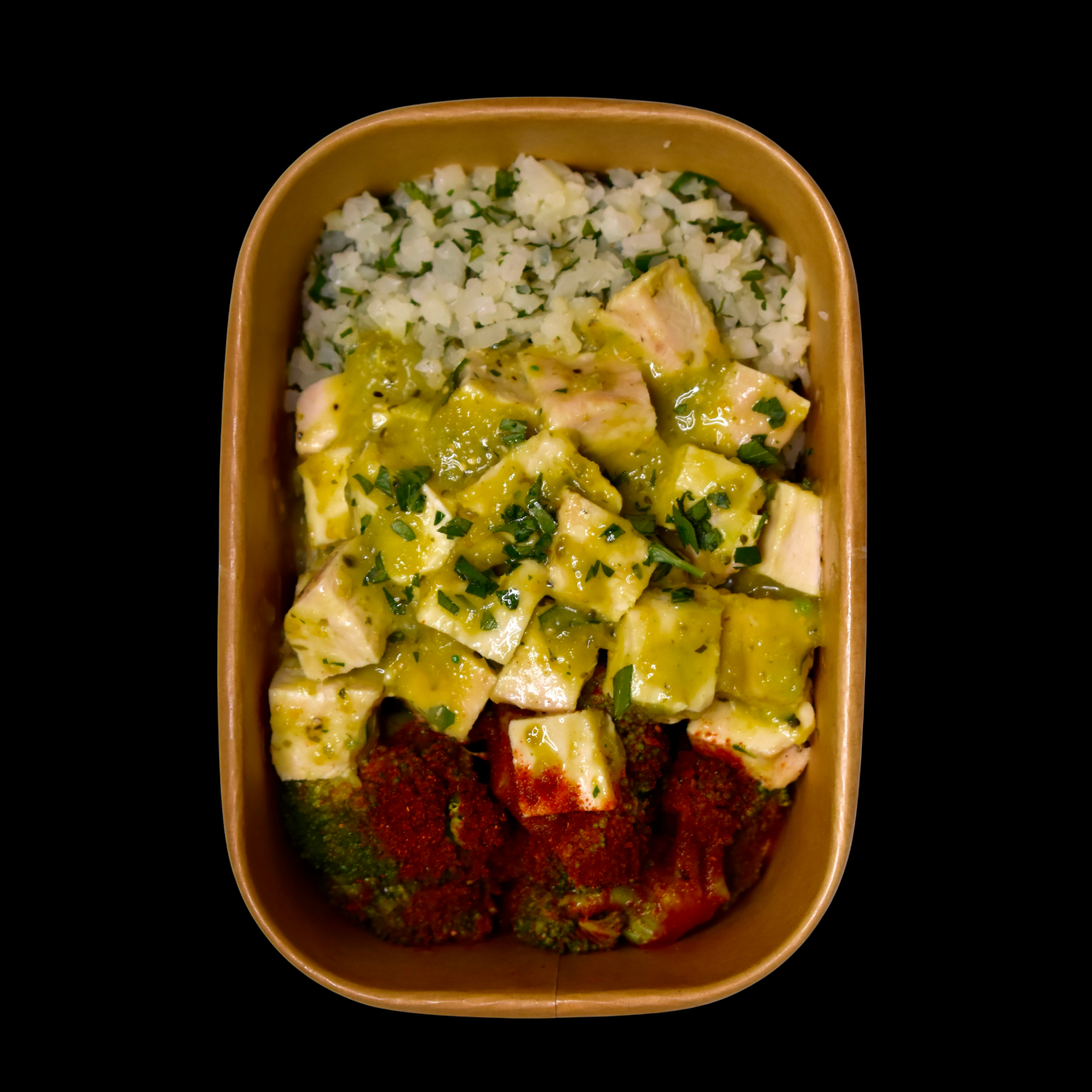 Chicken Salsa Verde, Cilantro Lime Cauliflower Rice, Smoked Paprika Broccoli