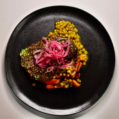 Za’atar Spiced Chicken Breast, Pickled Onion, Cumin Roasted Carrots, Braised Green Lentils