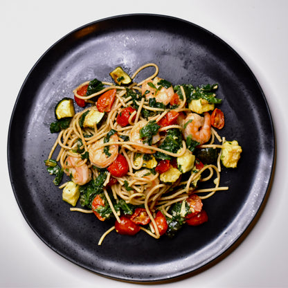 Shrimp Scampi, Pasta, Roasted Zucchini & Tomato