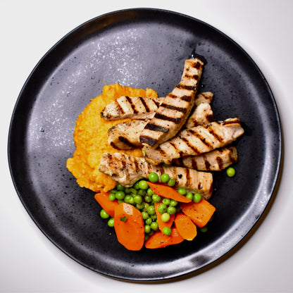 Grilled Chicken Strips, Sweet Potato Mash, Peas & Carrots