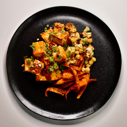 Red Curry Tofu, Za’atar Roasted Carrots, Ginger-Turmeric Cauliflower & Garbanzo Beans